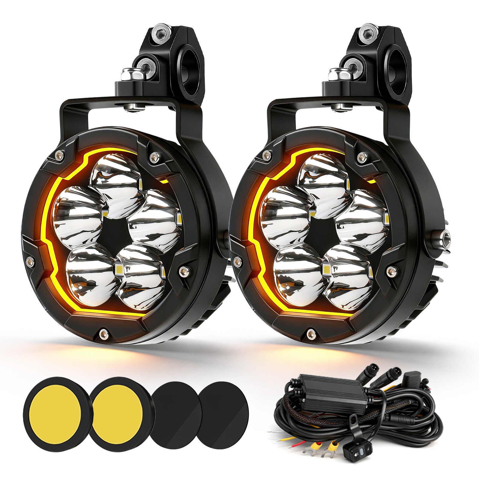 2x Motorcycle LED Auxiliary Lights Headlight Yellow White Spot Driving Fog Lamp