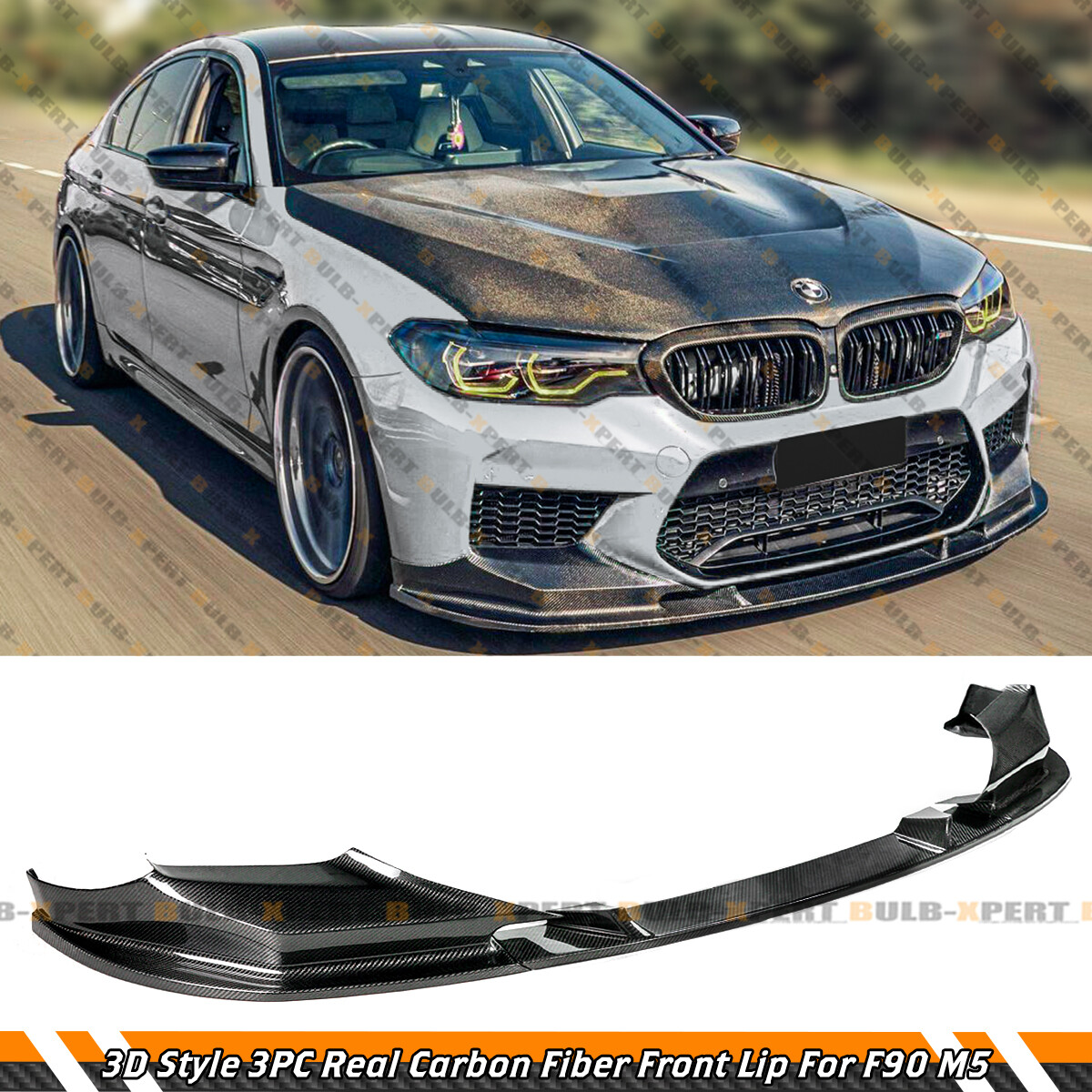 FOR 2018-20 BMW M5 F90 3D STYLE 3PC REAL CARBON FIBER FRONT BUMPER LIP SPLITTER