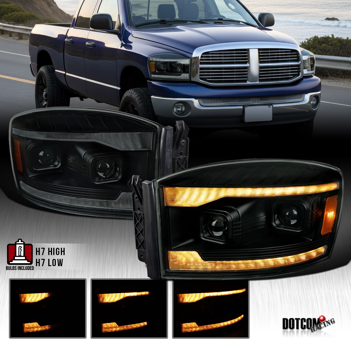 Fit 2006-2009 Ram 1500 2500 Smoke Projector Headlights Amber LED DRL Sequential Fit 2006-2009 Ram 1500 2500 Smoke Projector Headlights Amber LED DRL Sequential
