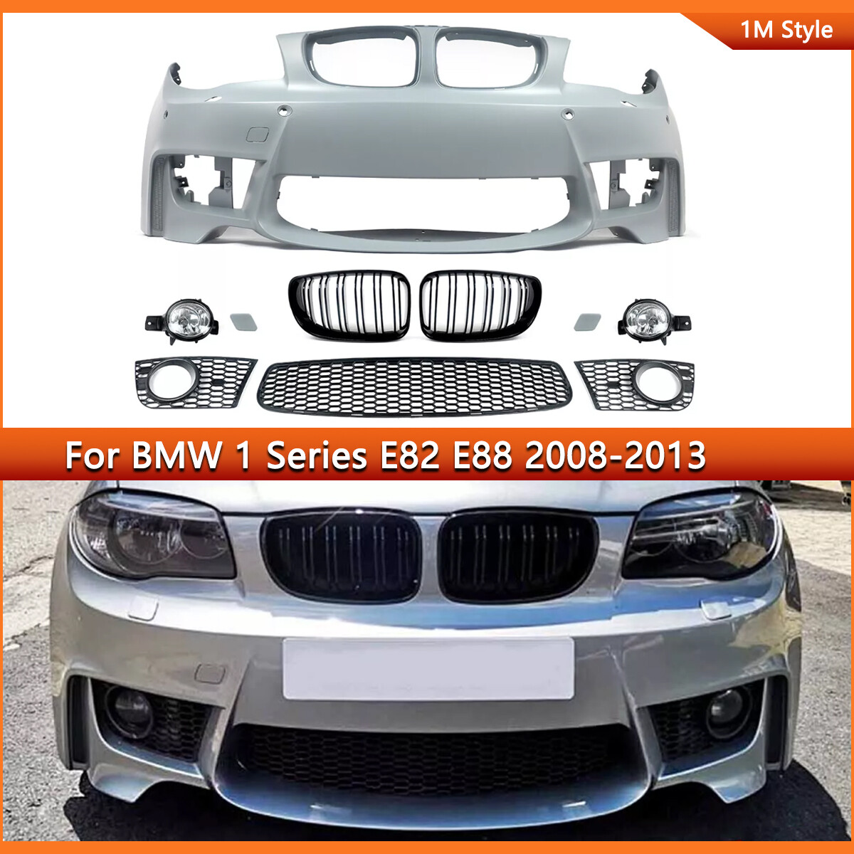 1M Style For 2008-2013 BMW E82 E88 128i 135i Front Bumper W/Fog Lights & Grille