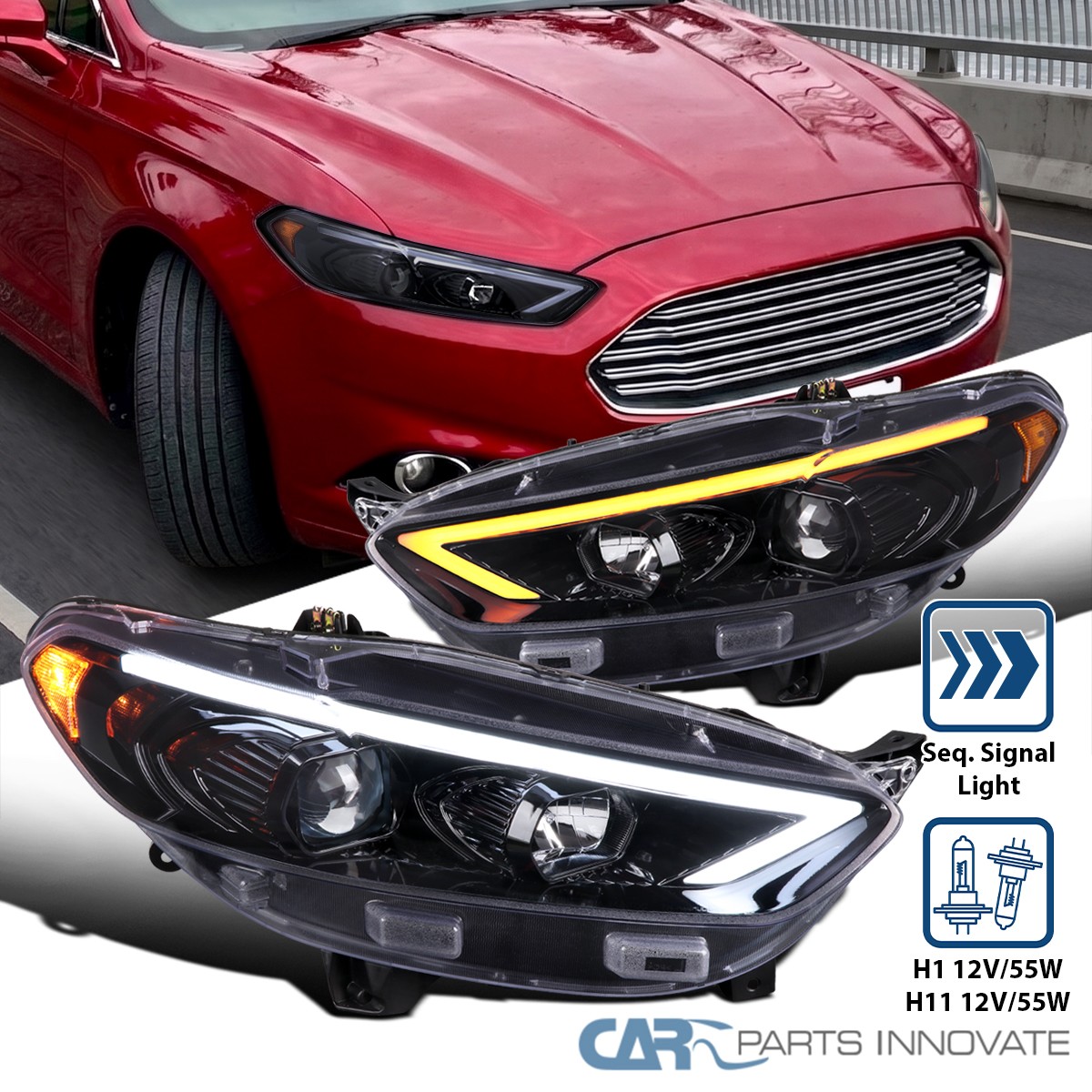 Pearl Black Fit 2013-2016 Ford Fusion Projector Headlights LED Switchback Signal