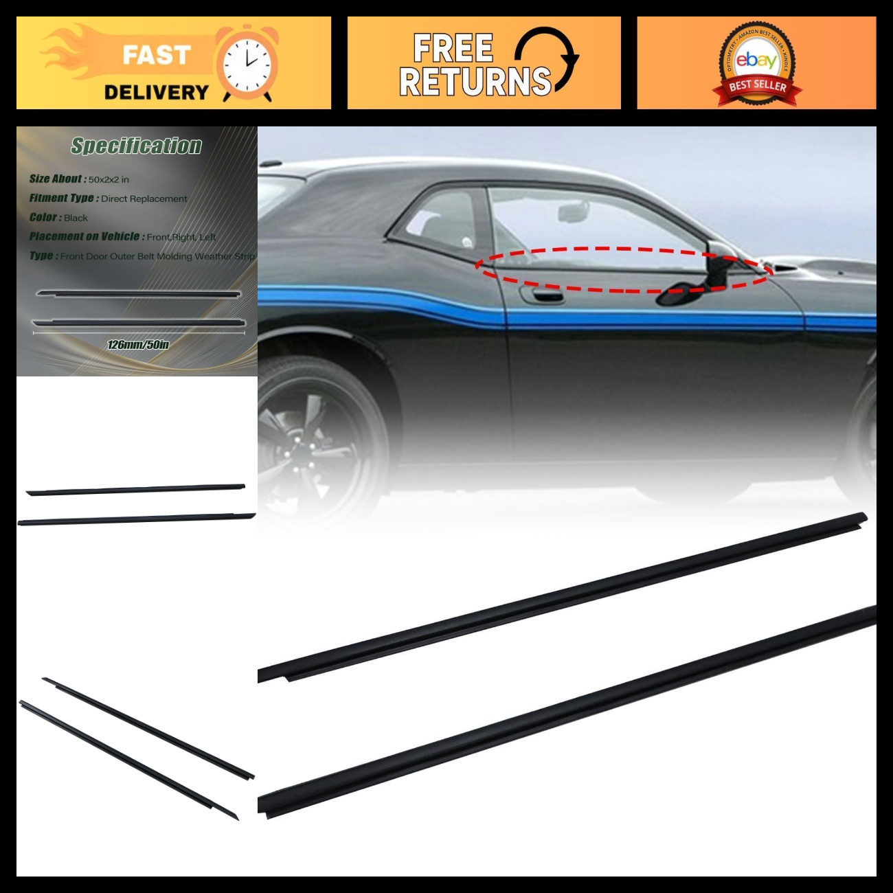 2PCS Door Window Belt Molding for Dodge Challenger 2008-2016, Front Right & Left 2PCS Door Window Belt Molding for Dodge Challenger 2008-2016, Front Right & Left