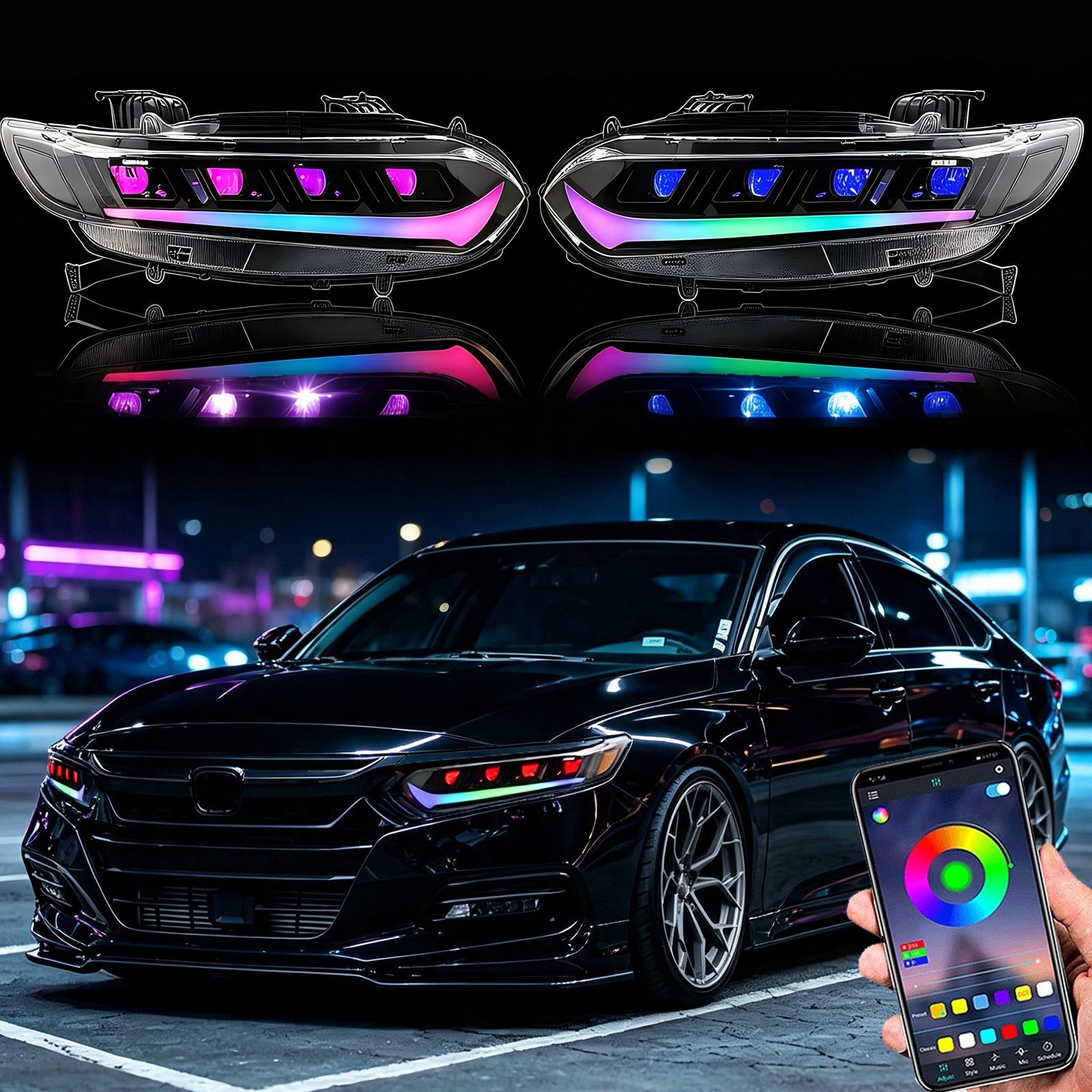 Pair For 2018-2022 Honda Accord RGB Quad-Projector Headlights Full LED Animation