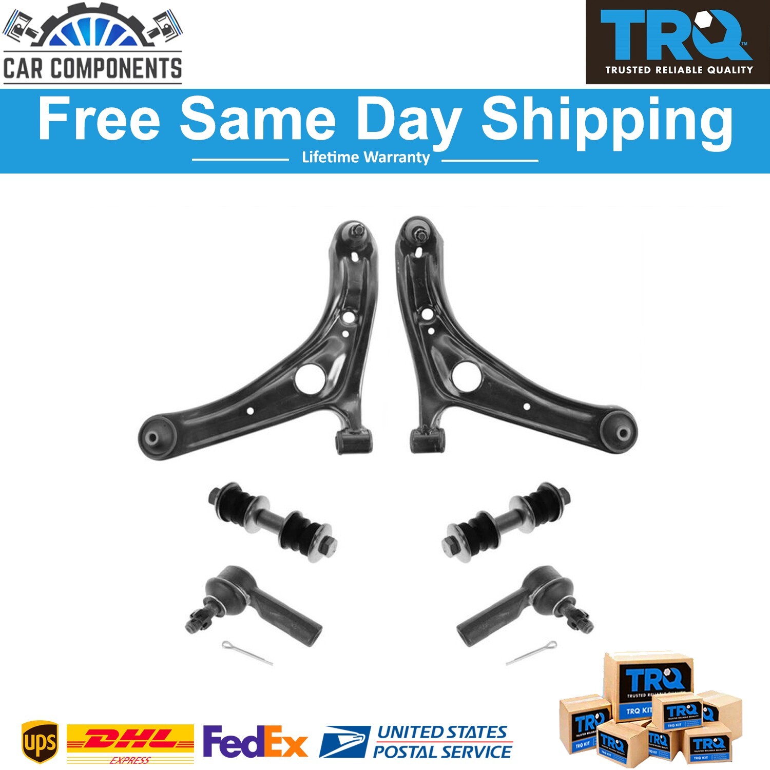 TRQ 6 pc Steering & Suspension Kit Control Arms Tie Rods Sway Bar End Links New