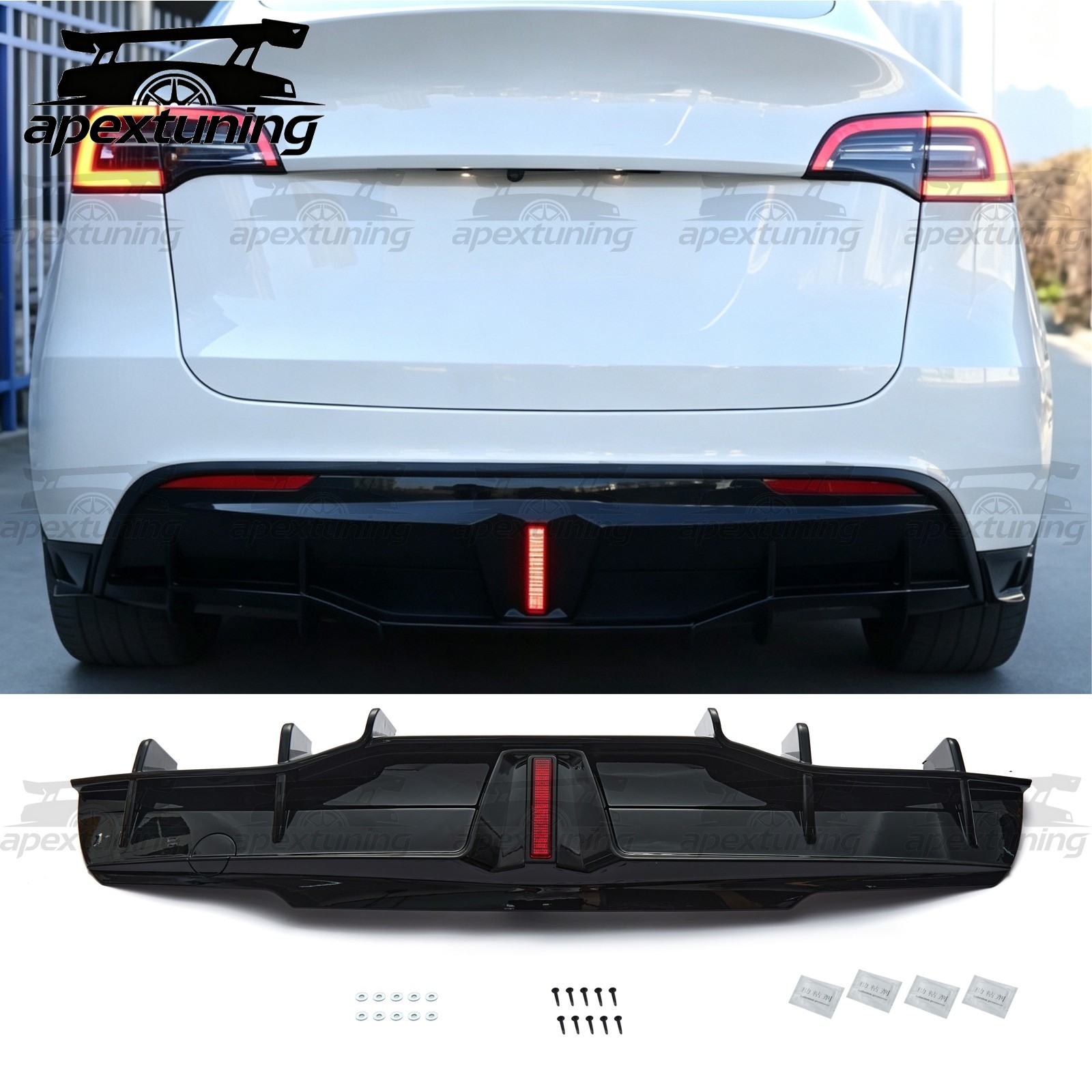 For Tesla Model Y 2017‑2024 Glossy Black Rear Bumper Diffuser Lip With LED Light