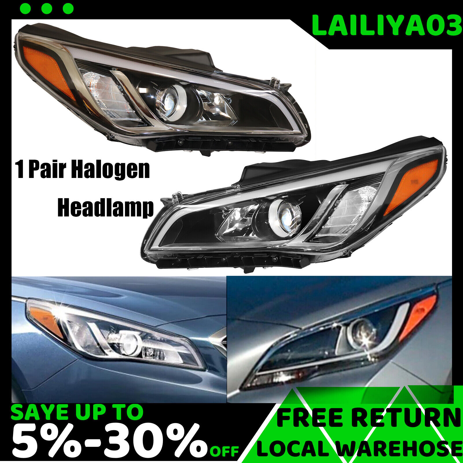 For 2015 - 2017 Hyundai Sonata Pair Headlights Headlamps Driver & Passenger