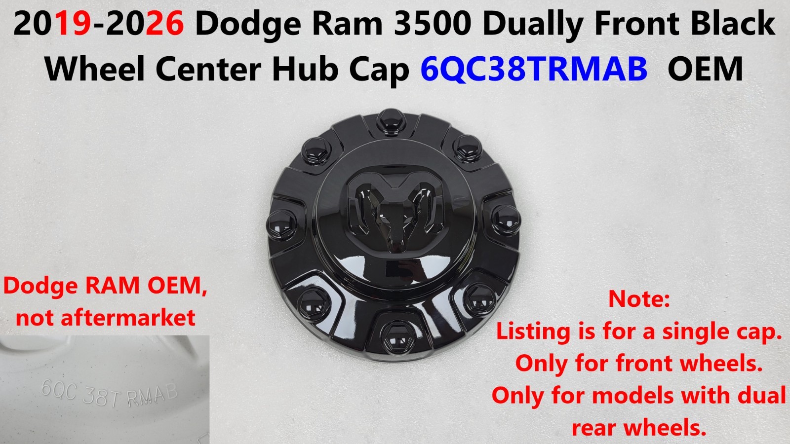 2019 -2026 Dodge Ram 3500 Dually Front Black Wheel Center Hub Cap 6QC38TRMAB