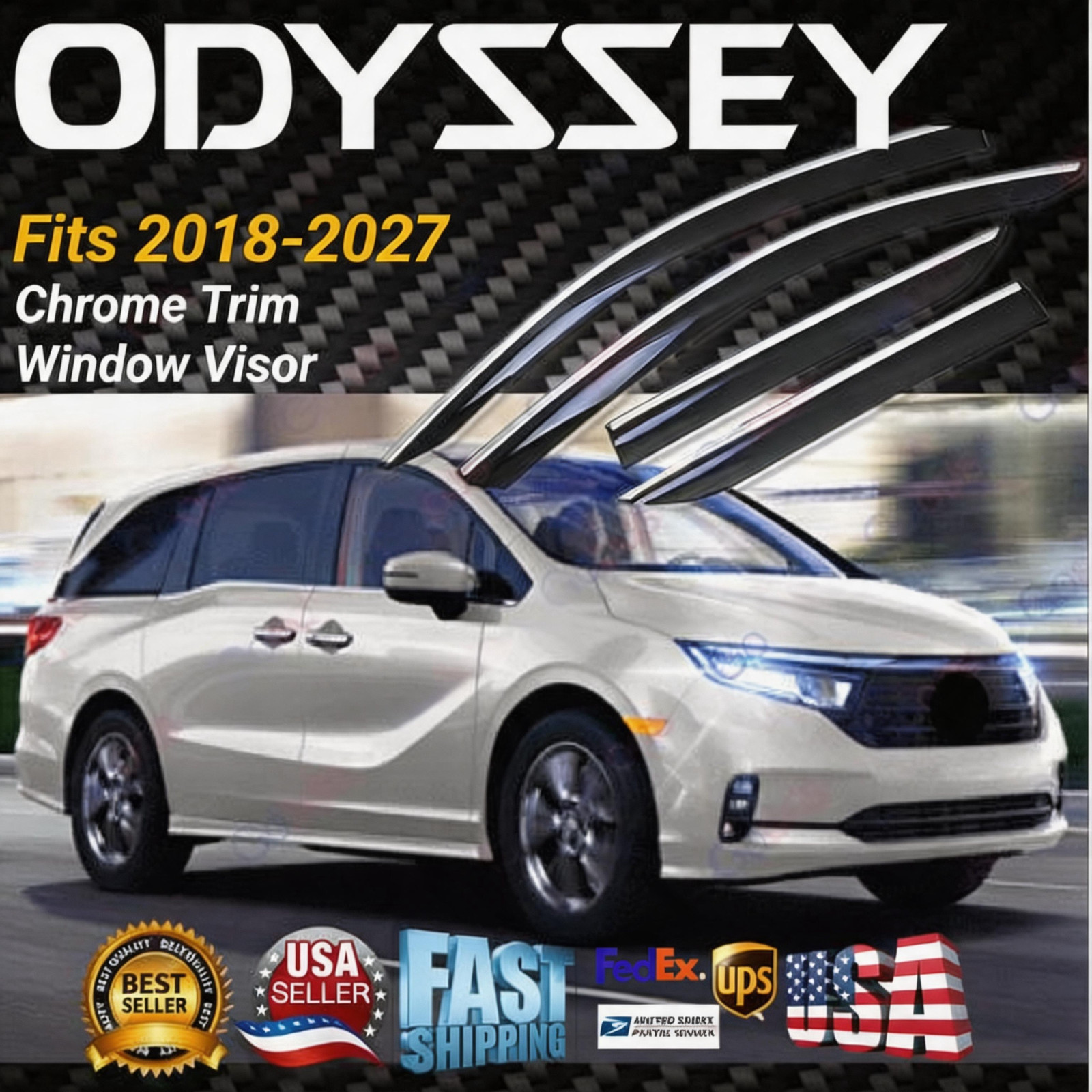 For Honda Odyssey 2018-27 Chrome Trim Out-Channel Window Rain Visor Wind Guards