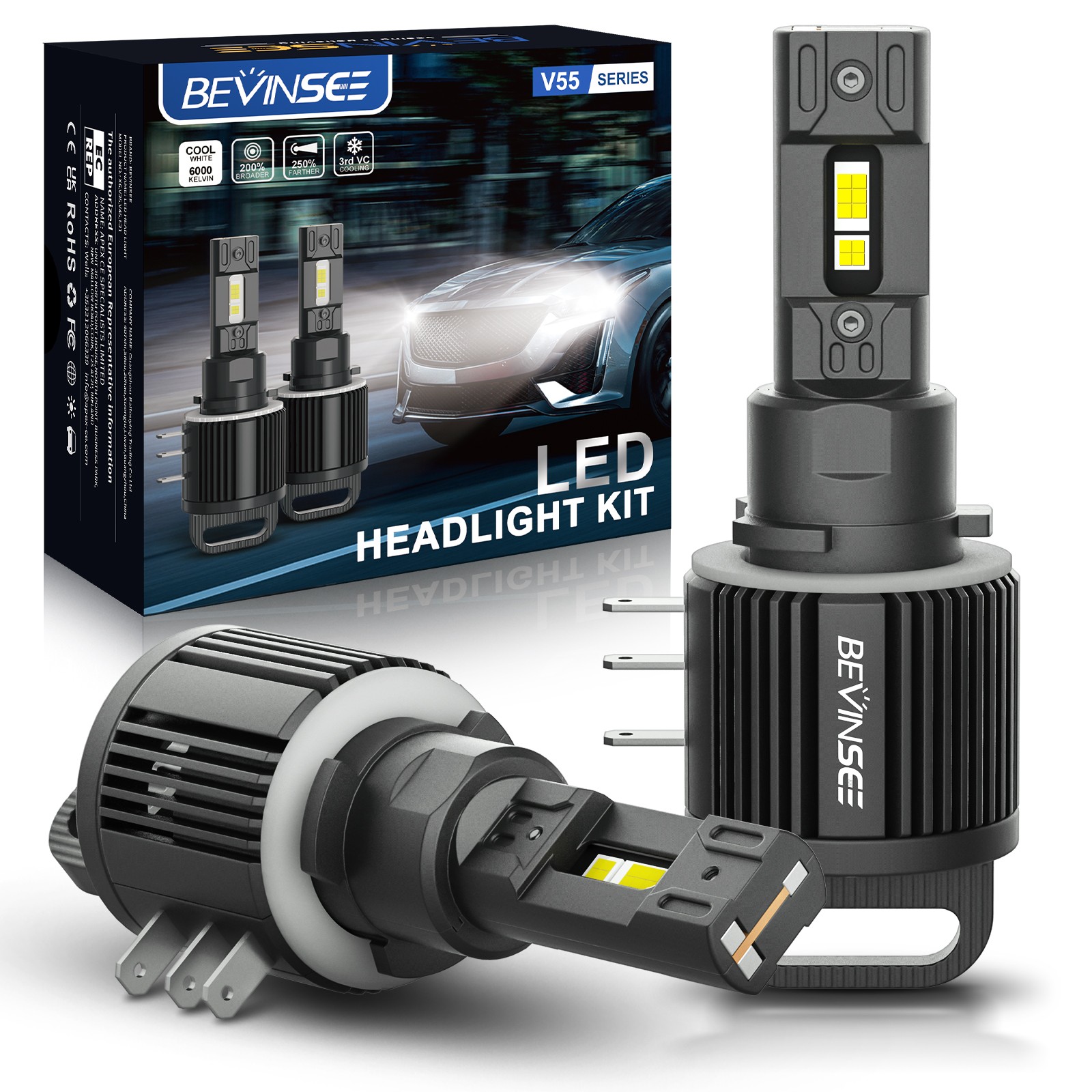 BEVINSEE 2x H15 LED Headlight Bulbs 110W 6000K 11000LM Bright High Beam DRL Kit