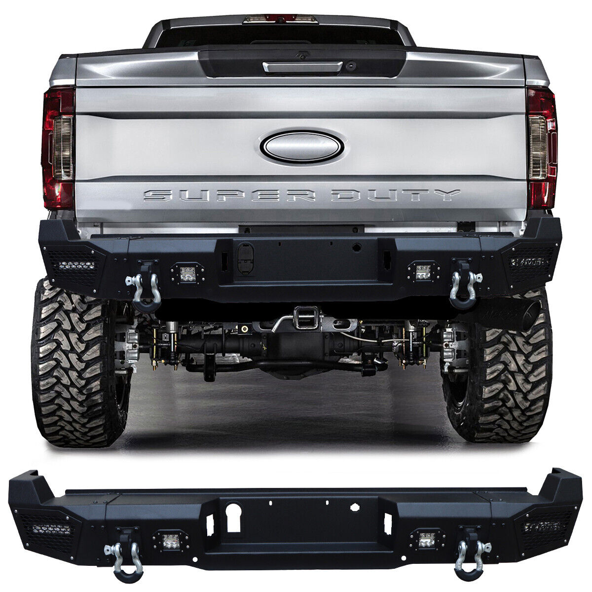 For 2017-2023 F250 F350 Steel Rear Bumper with D-rings and Aluminum LED Lights