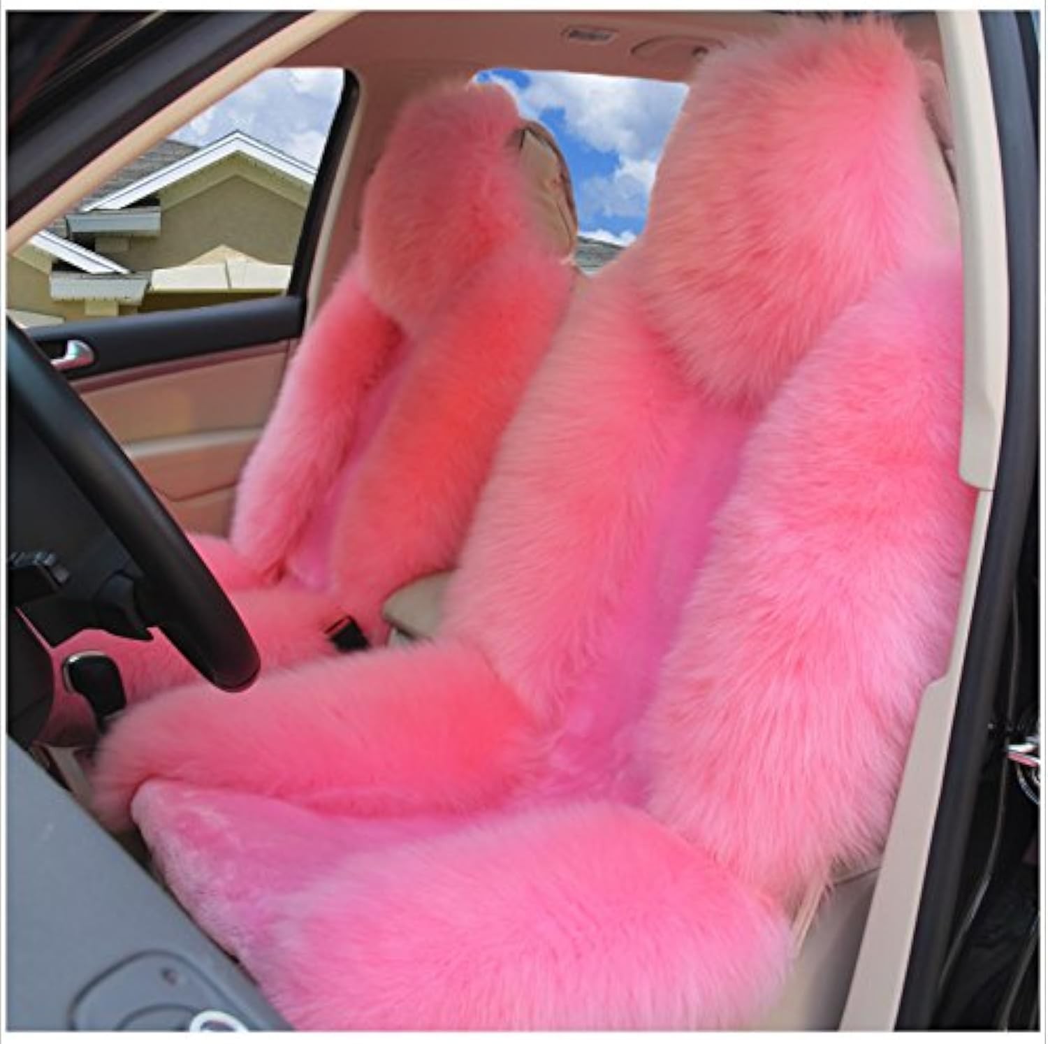 Pair 50% Genuine Sheepskin Car Seat Covers Winter Long Wool Universal Pink