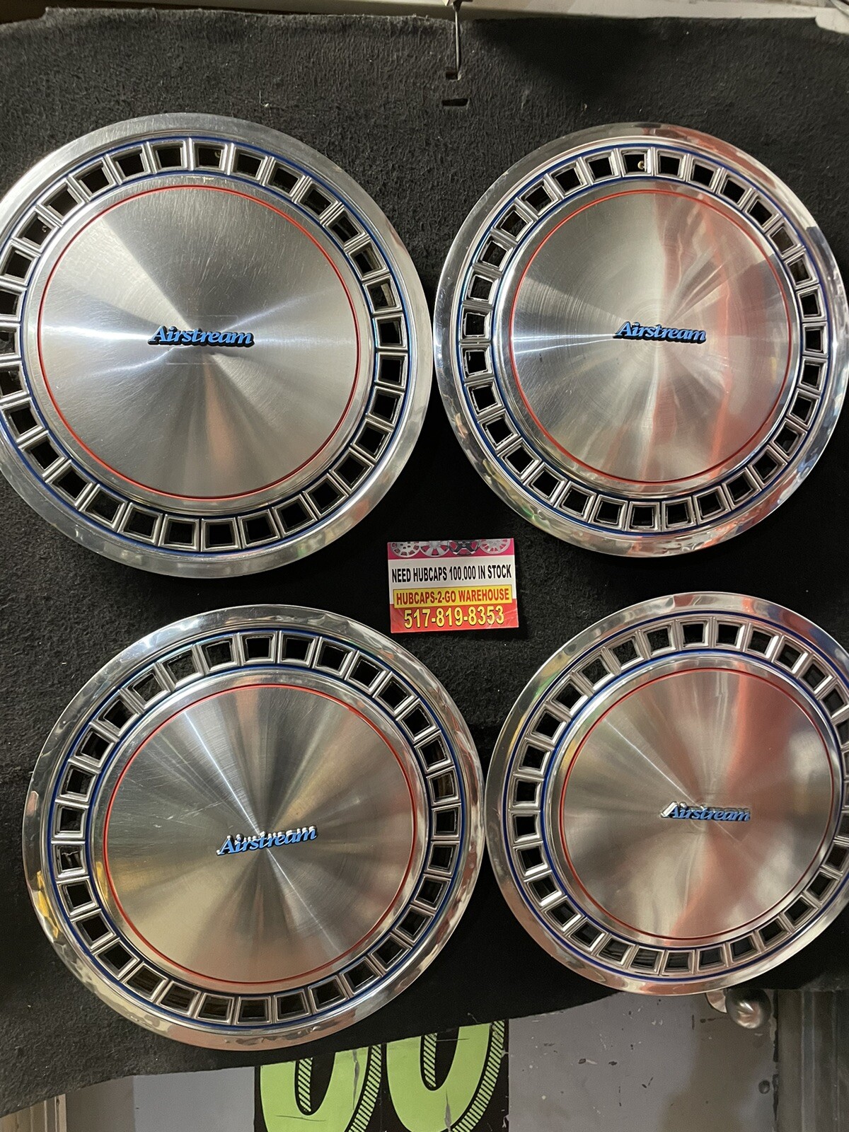 Airstream 15” Set 4 Hubcaps Used 1958-84 Red, Blue /black Accent EmblemStainless