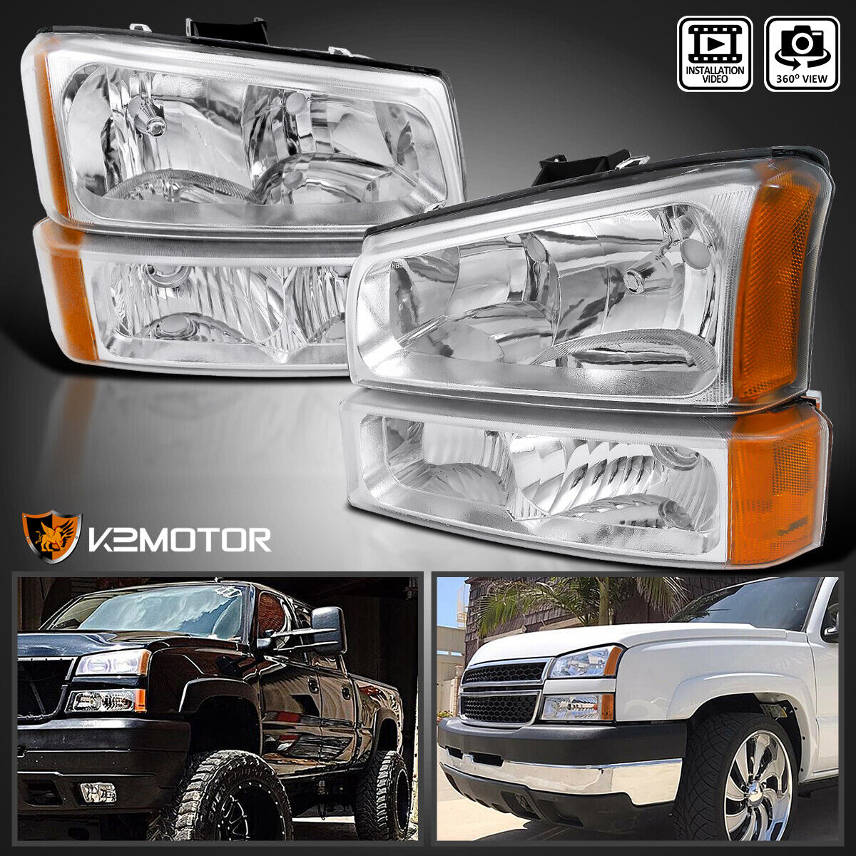 Fits 2003-2007 Chevy Silverado Avalanche Clear Headlights+Bumper Signal Lamps