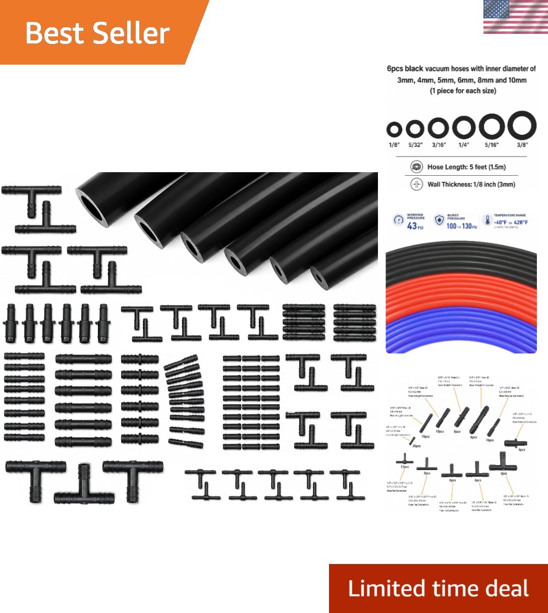 6PCS 5FT Silicone Vacuum Hose with 113PCS Connectors Black | 3mm Thickness, 1... 6PCS 5FT Silicone Vacuum Hose with 113PCS Connectors Black | 3mm Thickness, 1...