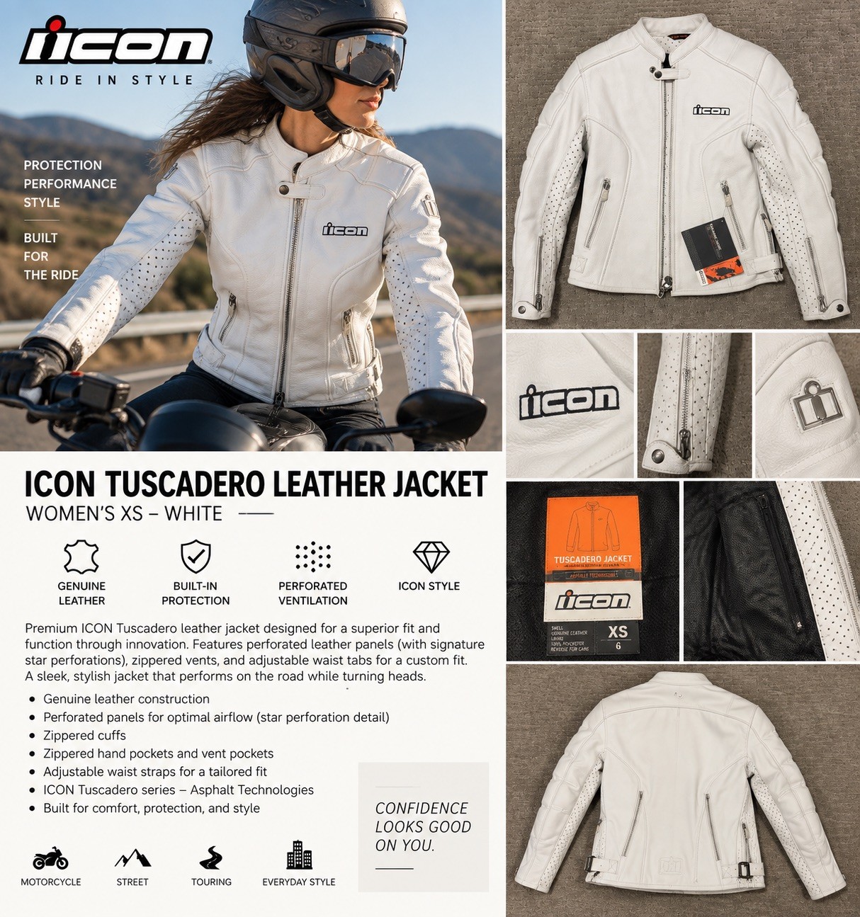 ICON Tuscadero Women’s XS White Leather Motorcycle Jacket Armor NWT 2813-0037