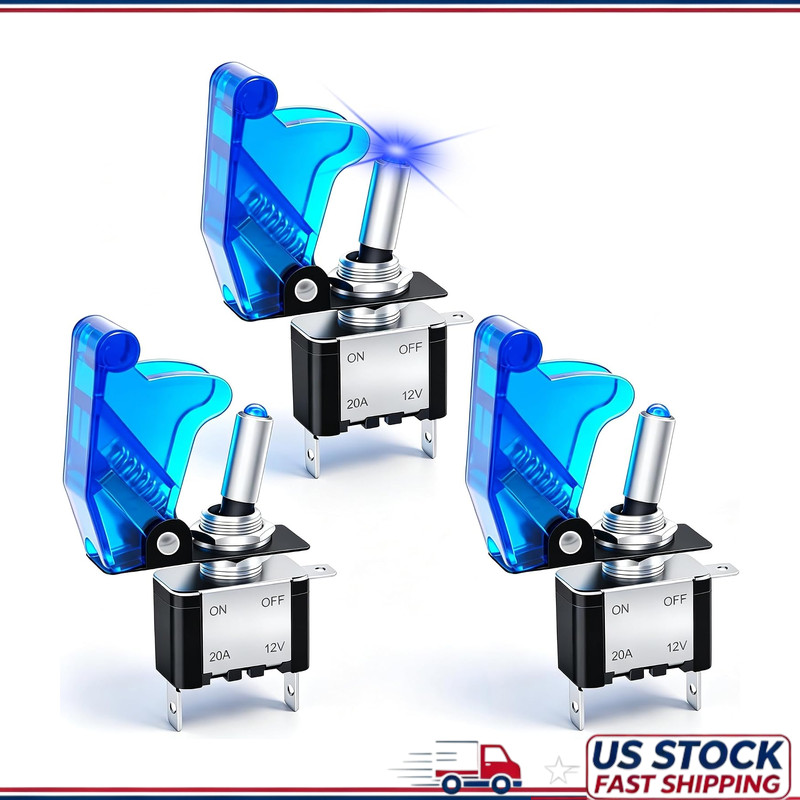 3Pcs 12V 20A SPST ON/Off Rocker Toggle Switch, Blue LED Illuminated, 3Pin, Water
