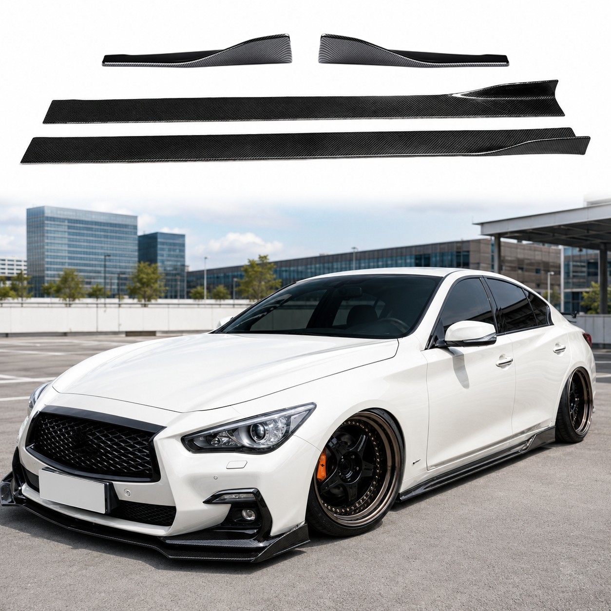 Fits 14-17 18-22 INFINITI Q50 Side Skirts + Rear Side Splitter Lip Carbon Style