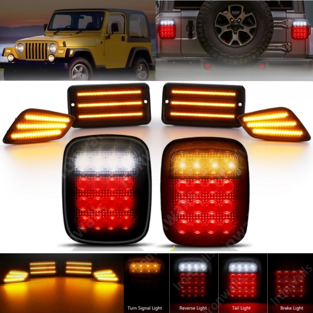 6pcs Tail Lights + LED Side Marker Turn Signal Lamp For 1997-06 Jeep Wrangler TJ