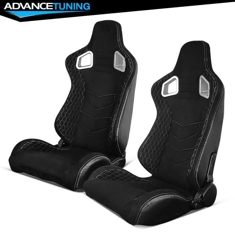 Reclinable Pair Racing Seats + Dual Sliders Suede w/White Stitch