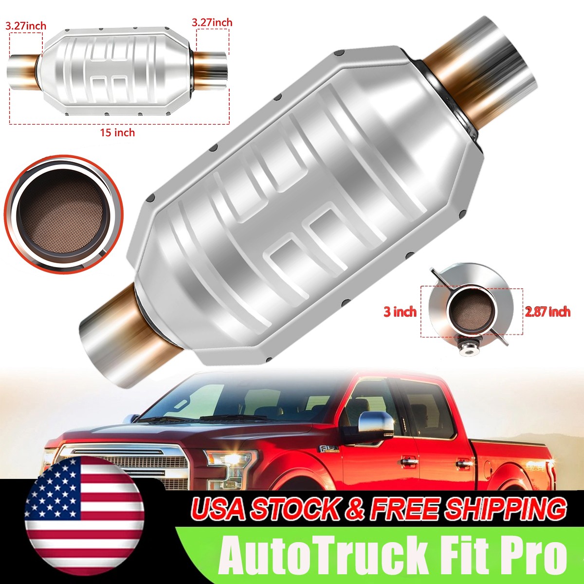 3-inch Inlet/Outlet High-Flow EPA Ceramic Catalytic Converter Universal 15inch