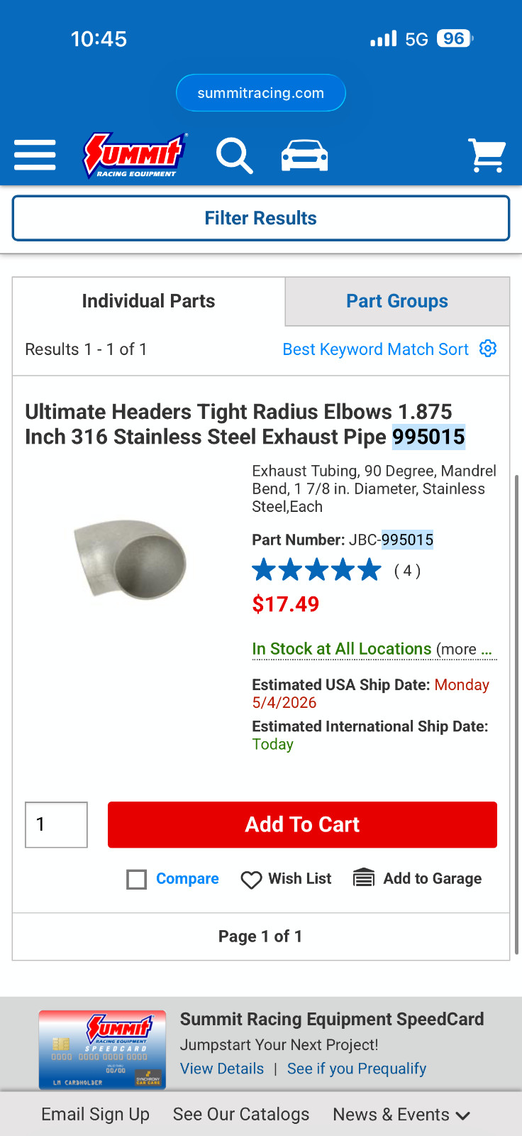 Summit Racing Ultimate Headers Tight radius Elbows 1.875 (1 7/8) 995015 Summit Racing Ultimate Headers Tight radius Elbows 1.875 (1 7/8) 995015