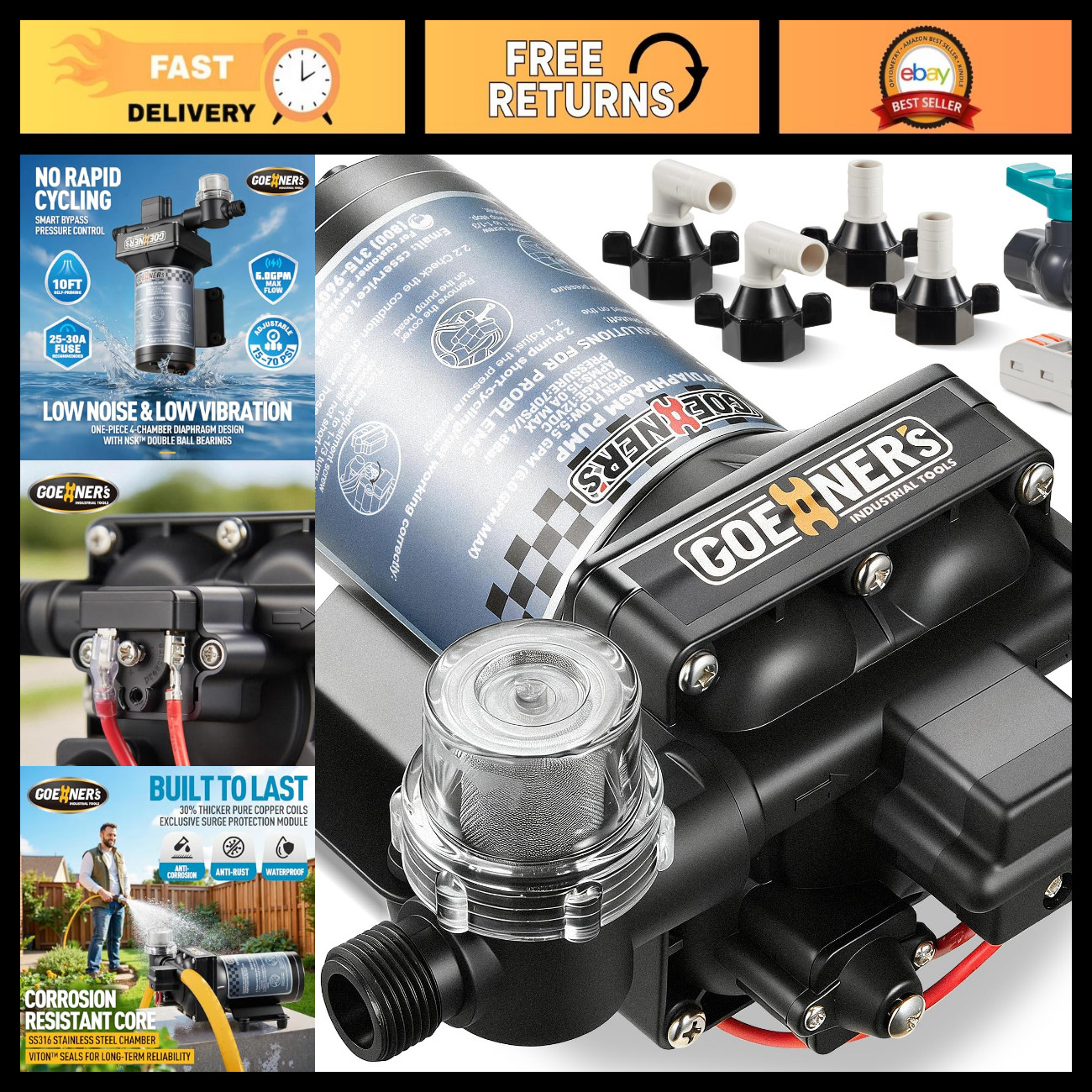Upgraded 12V RV Water Pump 6.0 GPM High-Flow Ultra-Quiet Diaphragm Pump, 70 PSI, Upgraded 12V RV Water Pump 6.0 GPM High-Flow Ultra-Quiet Diaphragm Pump, 70 PSI,