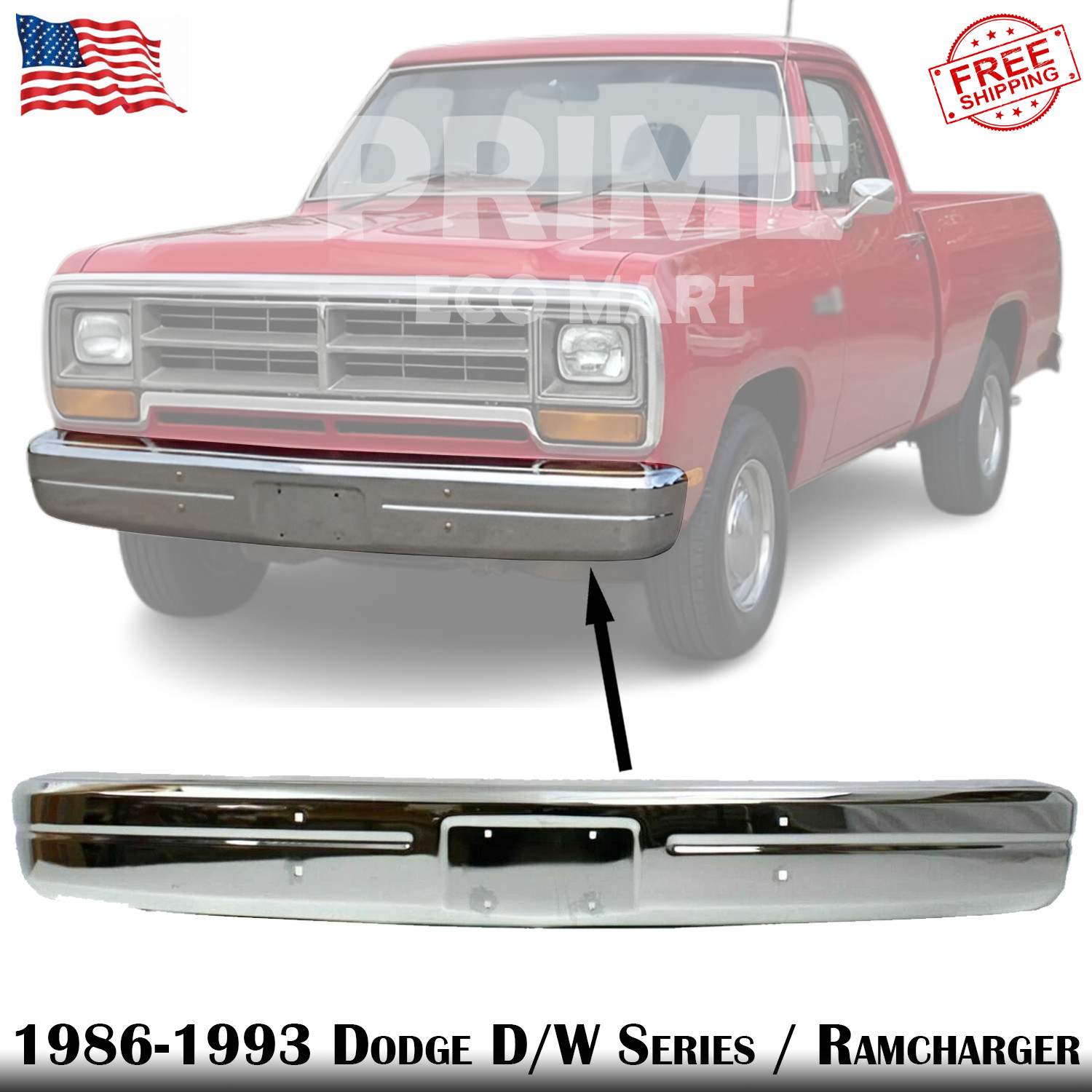 Front Bumper Face Bar Chrome Steel For 1986-1993 Dodge D/W Series / Ramcharger