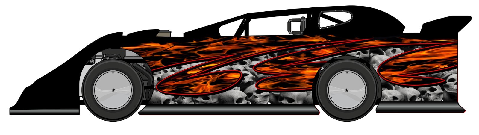 RACE CAR WRAP, Skull Flames,Graphics, Decals, IMCA Late Model Dirt # 50