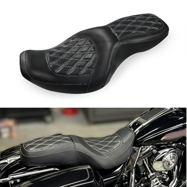1997-2007 For Harley Road King Models White Diamond Style Front Rear Seat