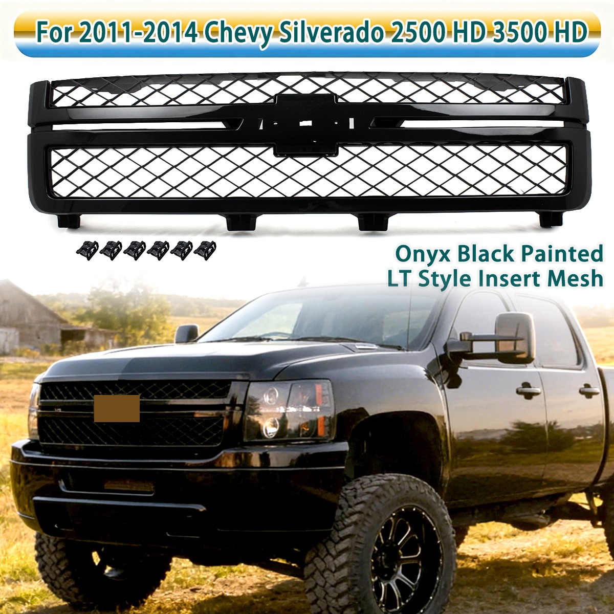 For 2011-14 Silverado 2500HD 3500HD LT Style Onyx Black Front Upper Grille Mesh