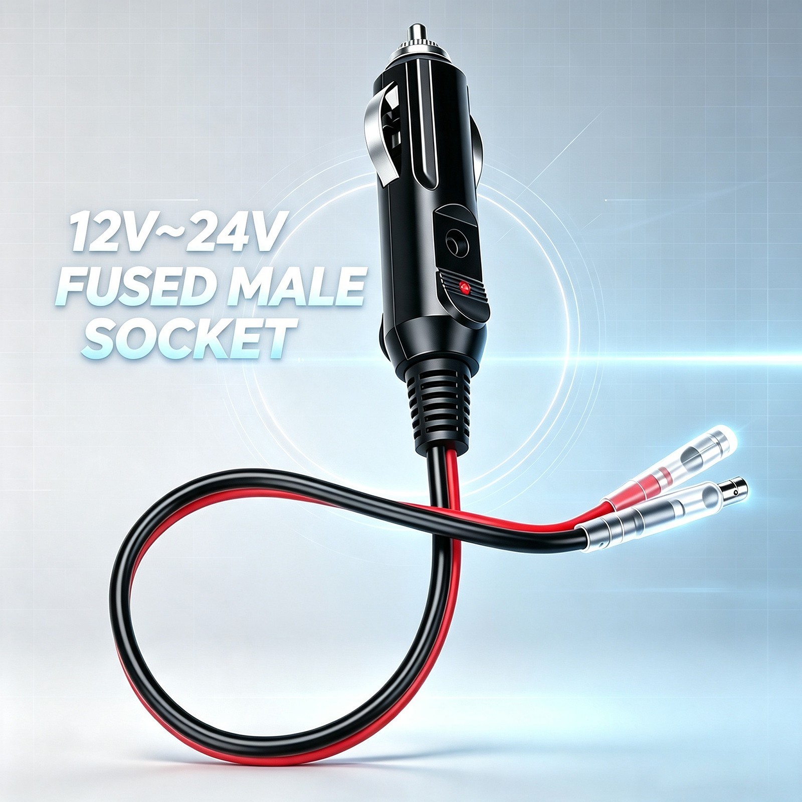 12V Cigarette Lighter Male Plug w/ 15A Fuse & LED, 16AWG, 35cm Cord