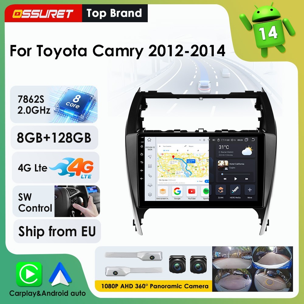 8+128G For 2012-2014 Toyota Camry Car Radio Android 14 GPS Navi CarPlay + 360CAM