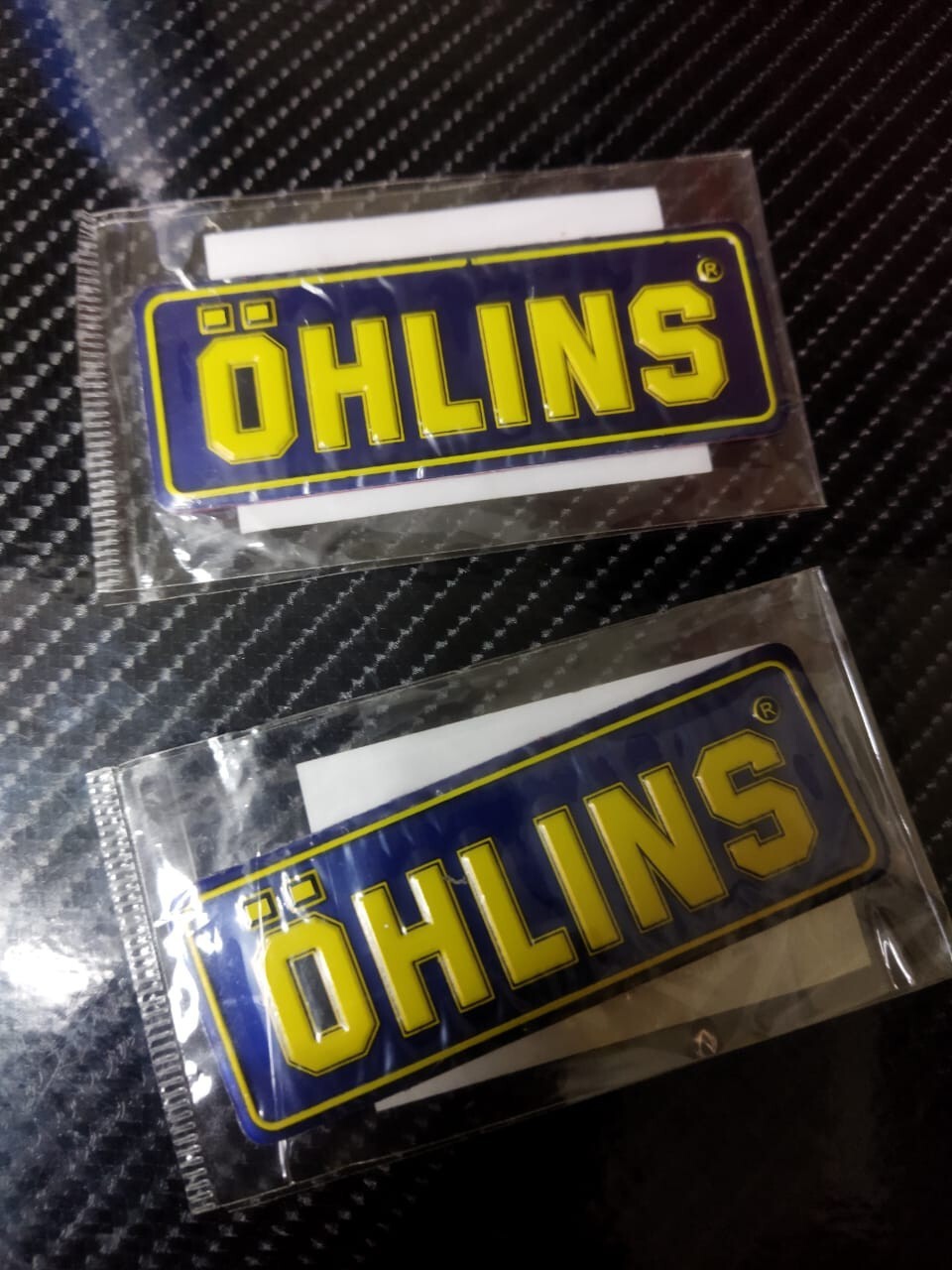 x2 OHLINS 3D Heatproof Metal Exhaust Shock Badge Sticker Graphic Decal PACK Blue