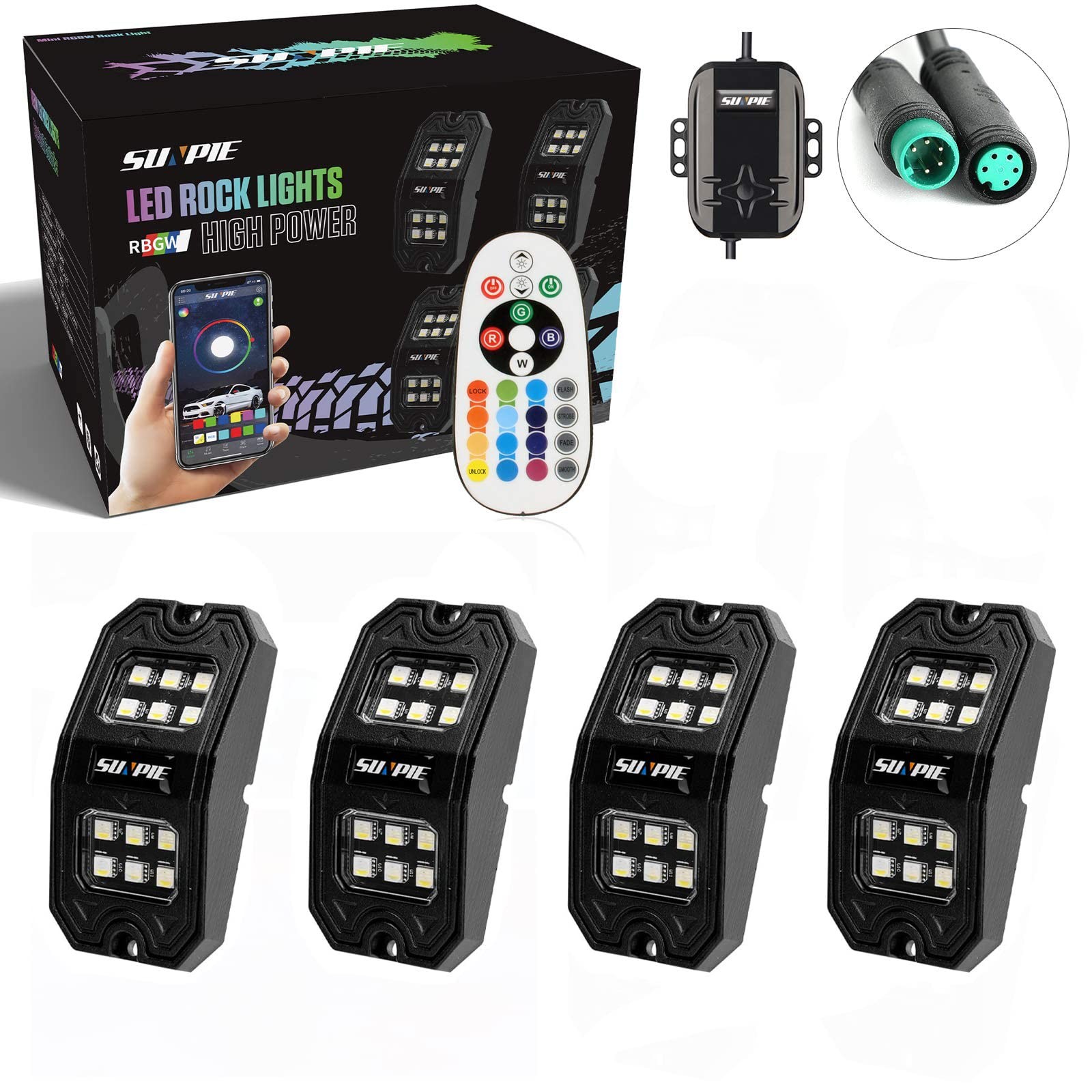 SUNPIE 4 Pods Upgraded 210 Degrees Wide Angle RGBW Rock Lights 4Pcs, Black SUNPIE 4 Pods Upgraded 210 Degrees Wide Angle RGBW Rock Lights 4Pcs, Black