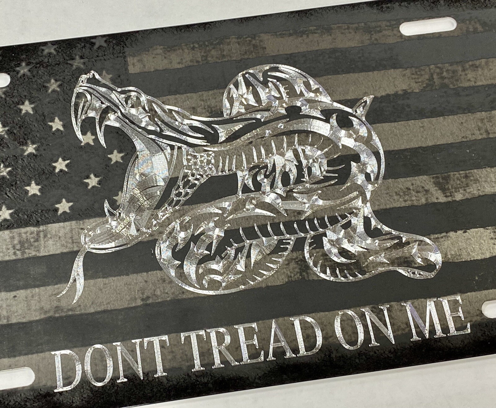 Engraved US Flag Gadsden DONT TREAD ON ME Car Tag Diamond Etched License Plate