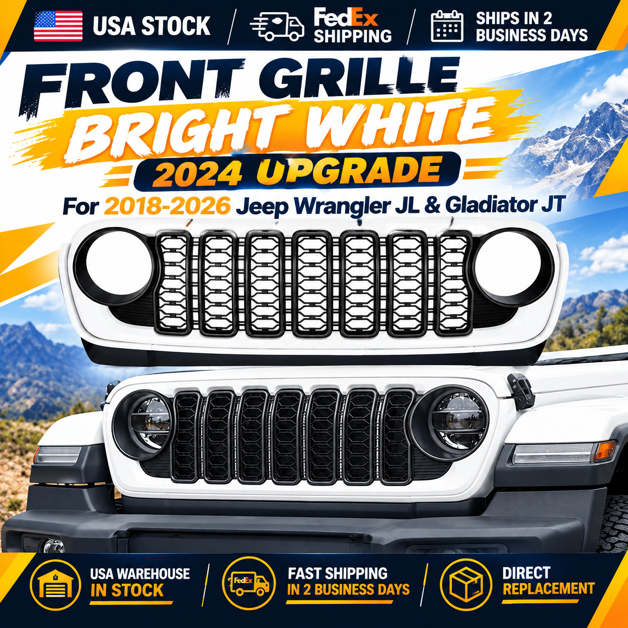 Front Grille Bright White 2024 Upgrade For 18-26 Jeep Wrangler JL Gladiator JT