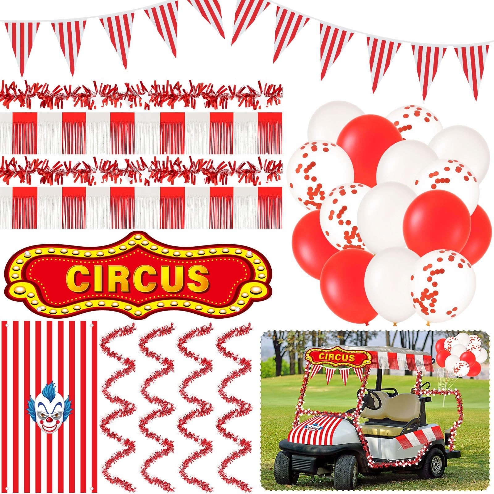 22 Pcs Circus Golf Cart Decorations Kit, Red White Carnival Banner 22 Pcs Circus Golf Cart Decorations Kit, Red White Carnival Banner