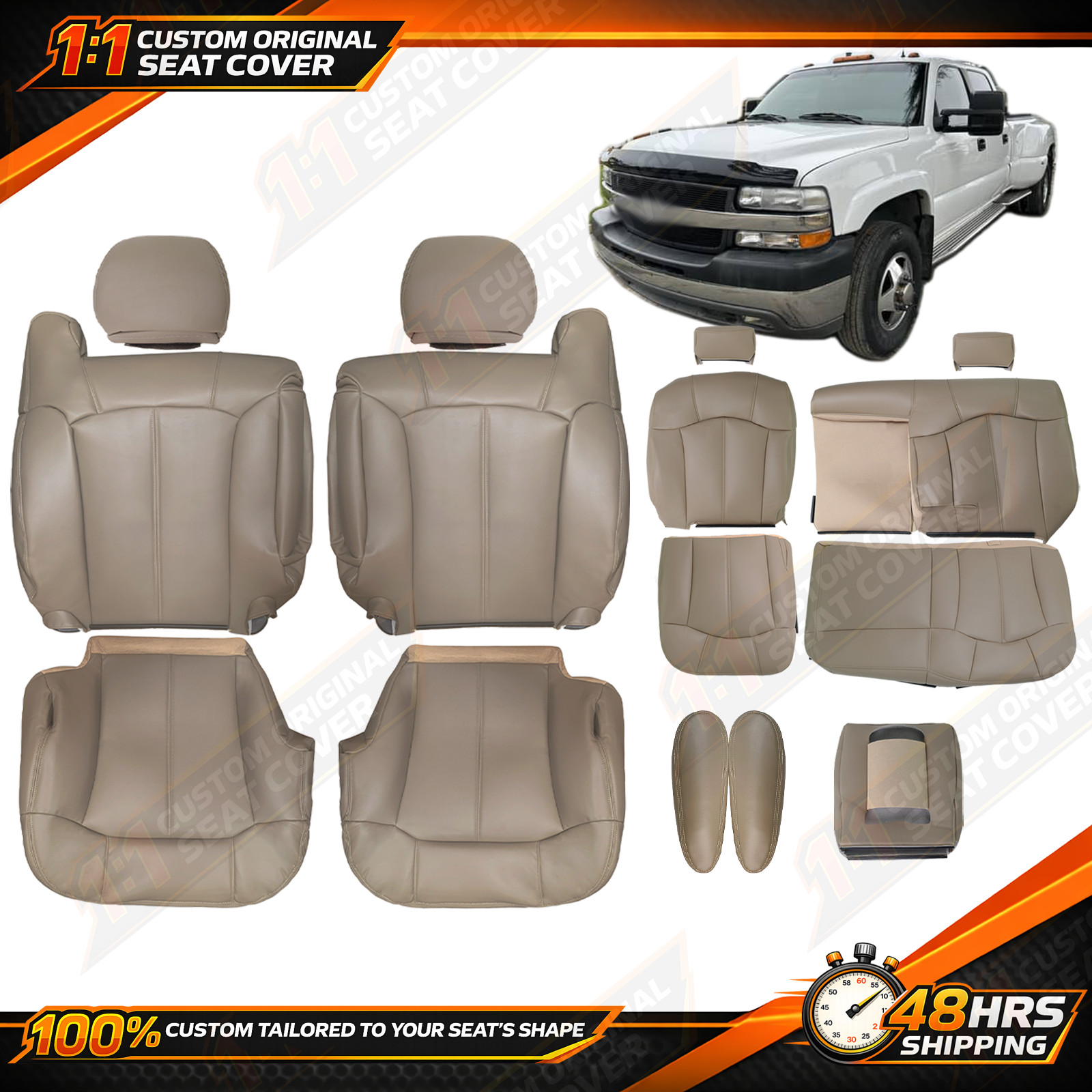 Fits 1999 - 2002 Chevy Silverado Full Set Bottom & Top Leather Seat Covers TAN