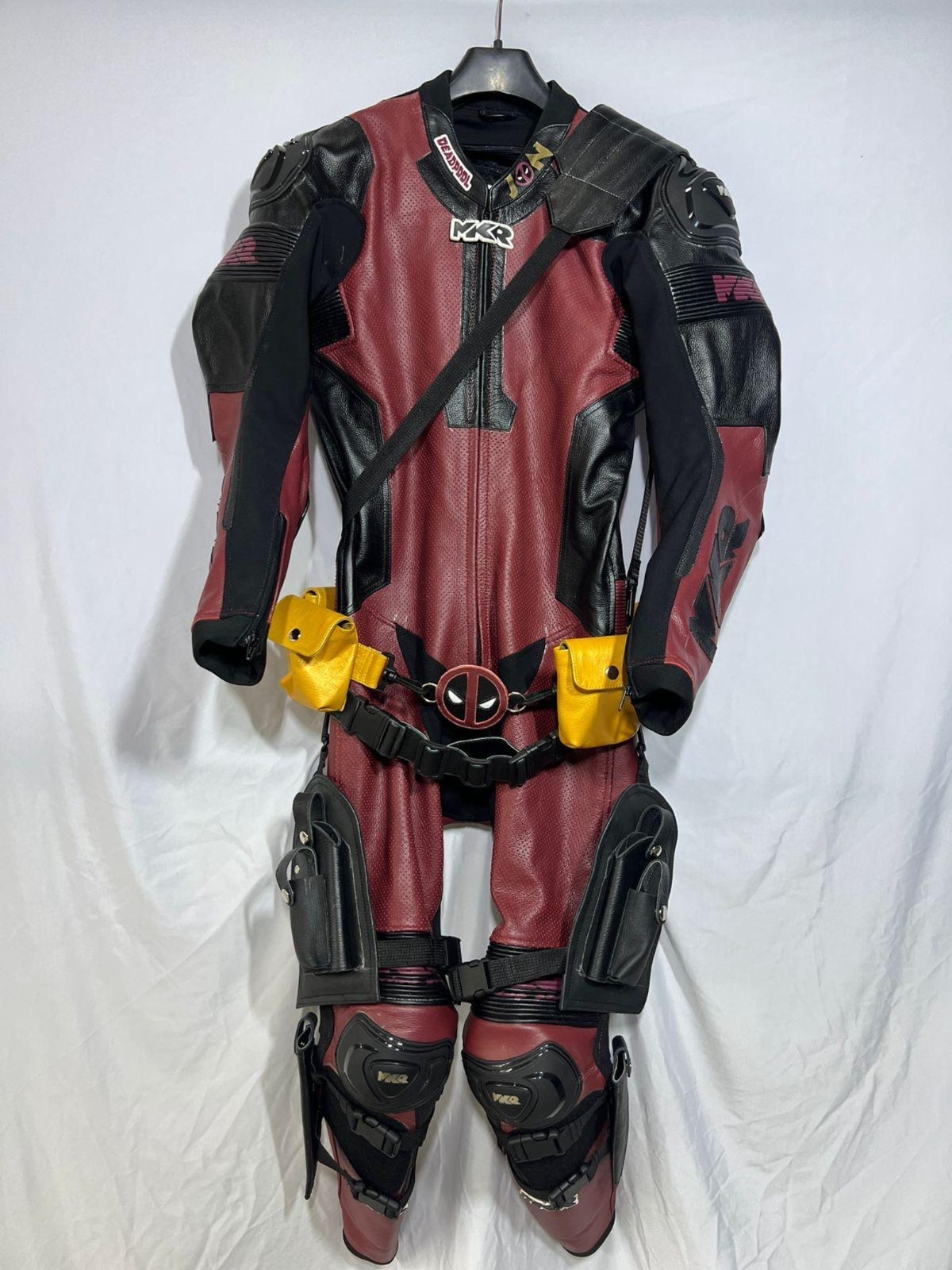 Handmade Deadpool Cowhide Leather Motorcycle Racing Suit CE Armored Red Black
