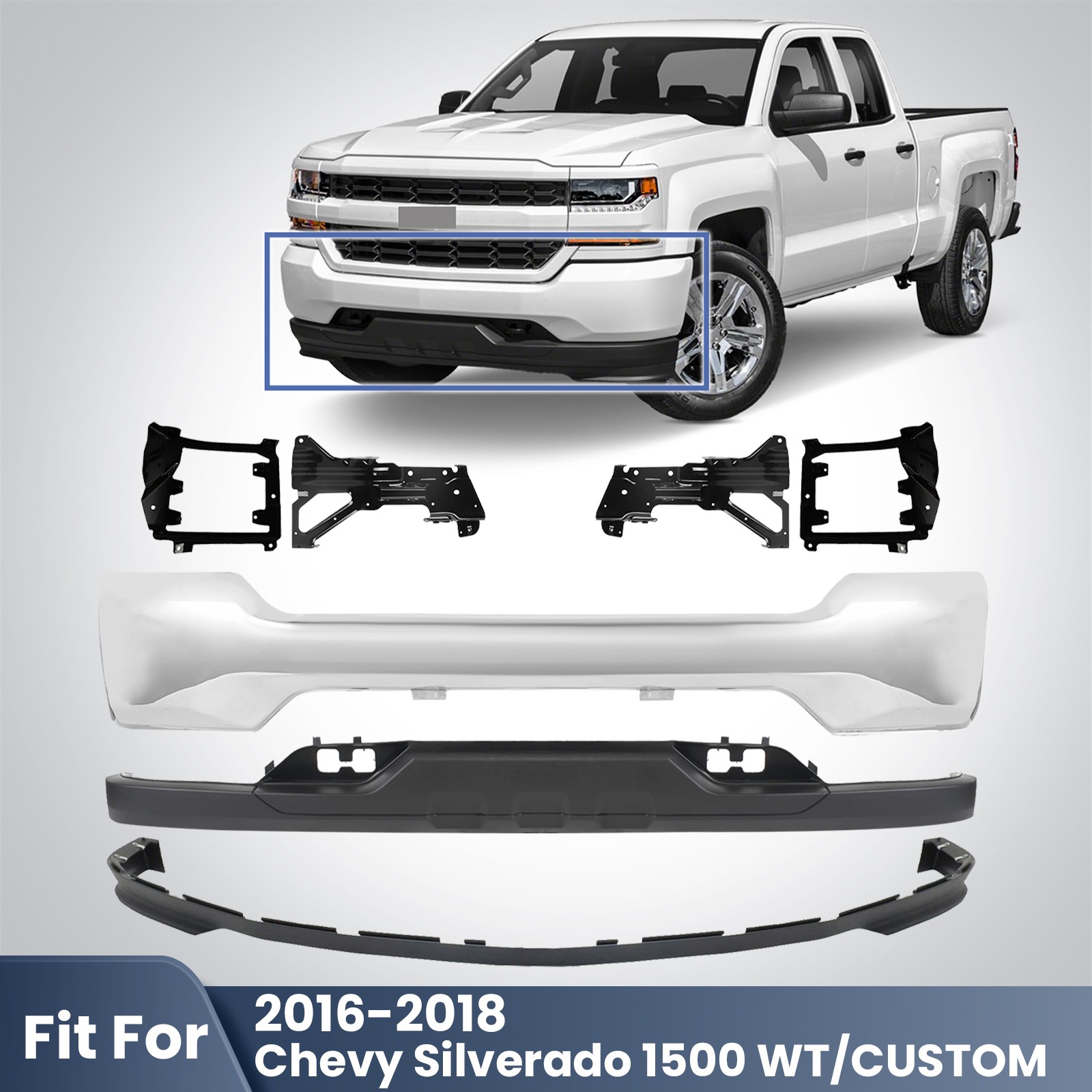 For 2016-2018 Chevy Silverado 1500 WT/ Custom Front Bumper Cover Kit W/O Sensor