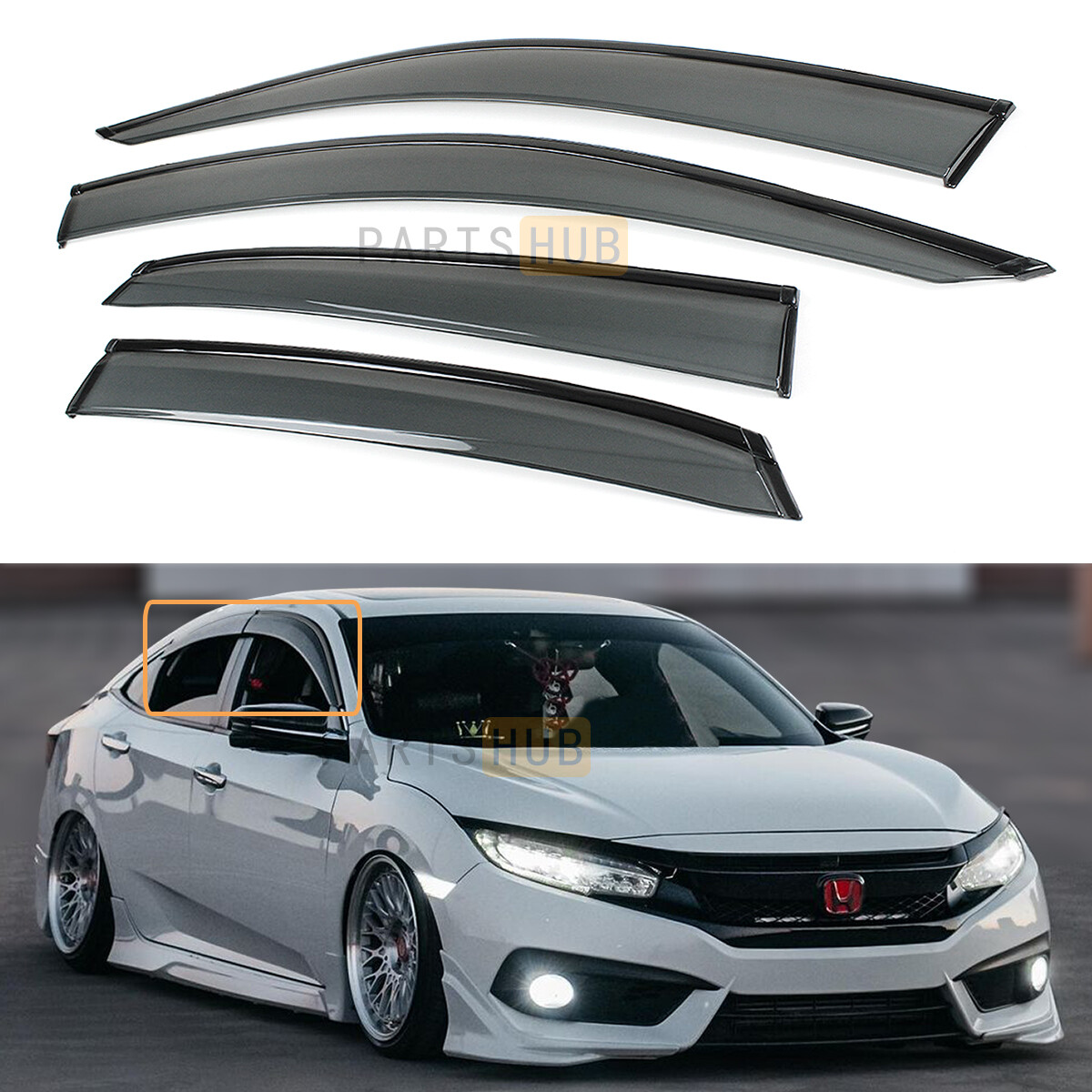 For 2016-2021 Honda Civic Sedan Black Trim Smoked Tinted Window Visor Rain Guard