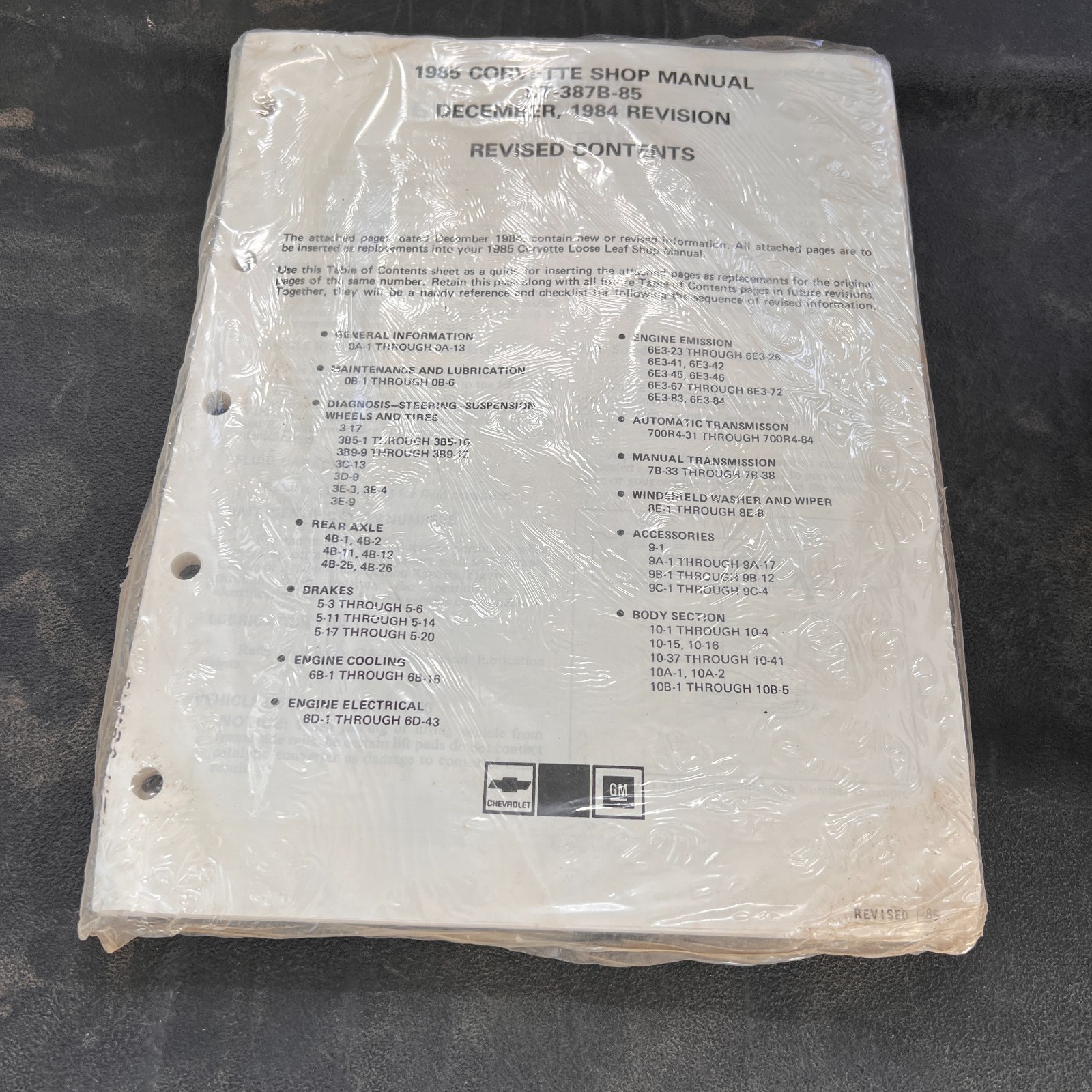 1985 Corvette Shop Manual 1984 Loose Leaf Revision Rare HTF ST-387B-85