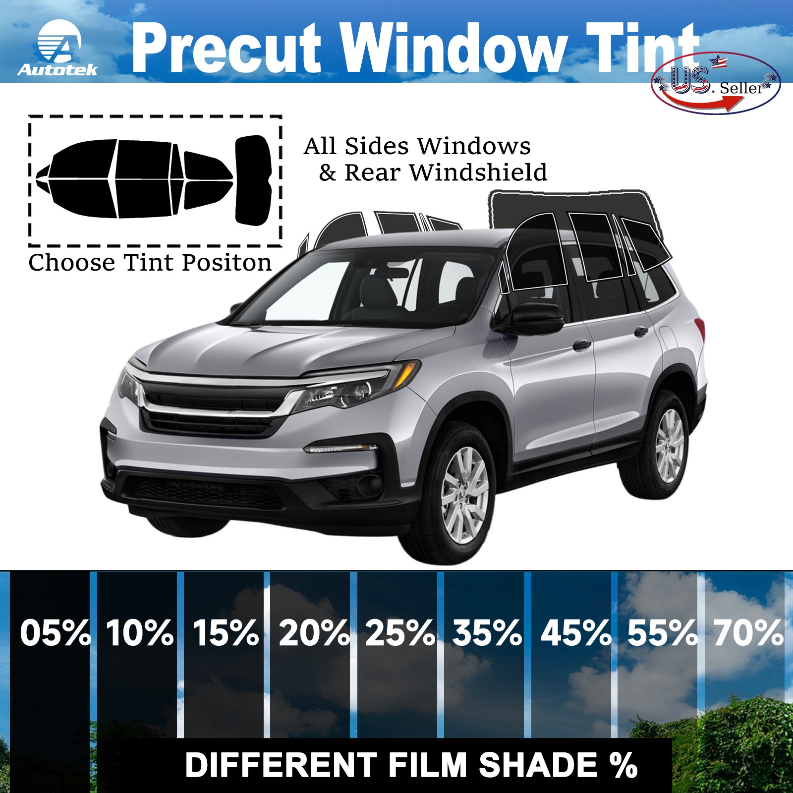 PreCut All Sides + Rear Window Film Any Tint Shade % For Honda Pilot 2016-2022