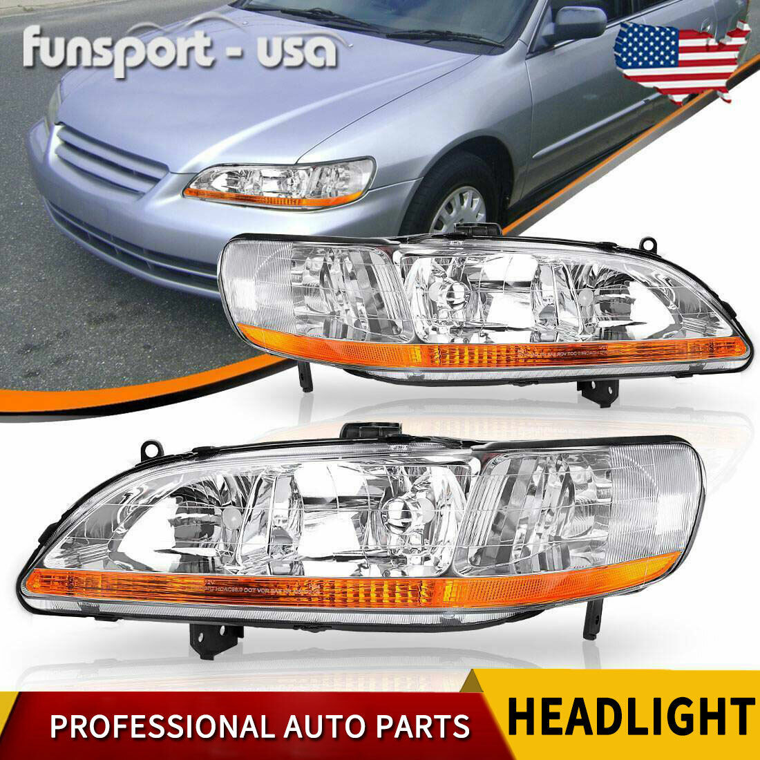 Chrome Headlights for 1998 1999 2000 2001 2002 Honda Accord Headlamps Left+Right
