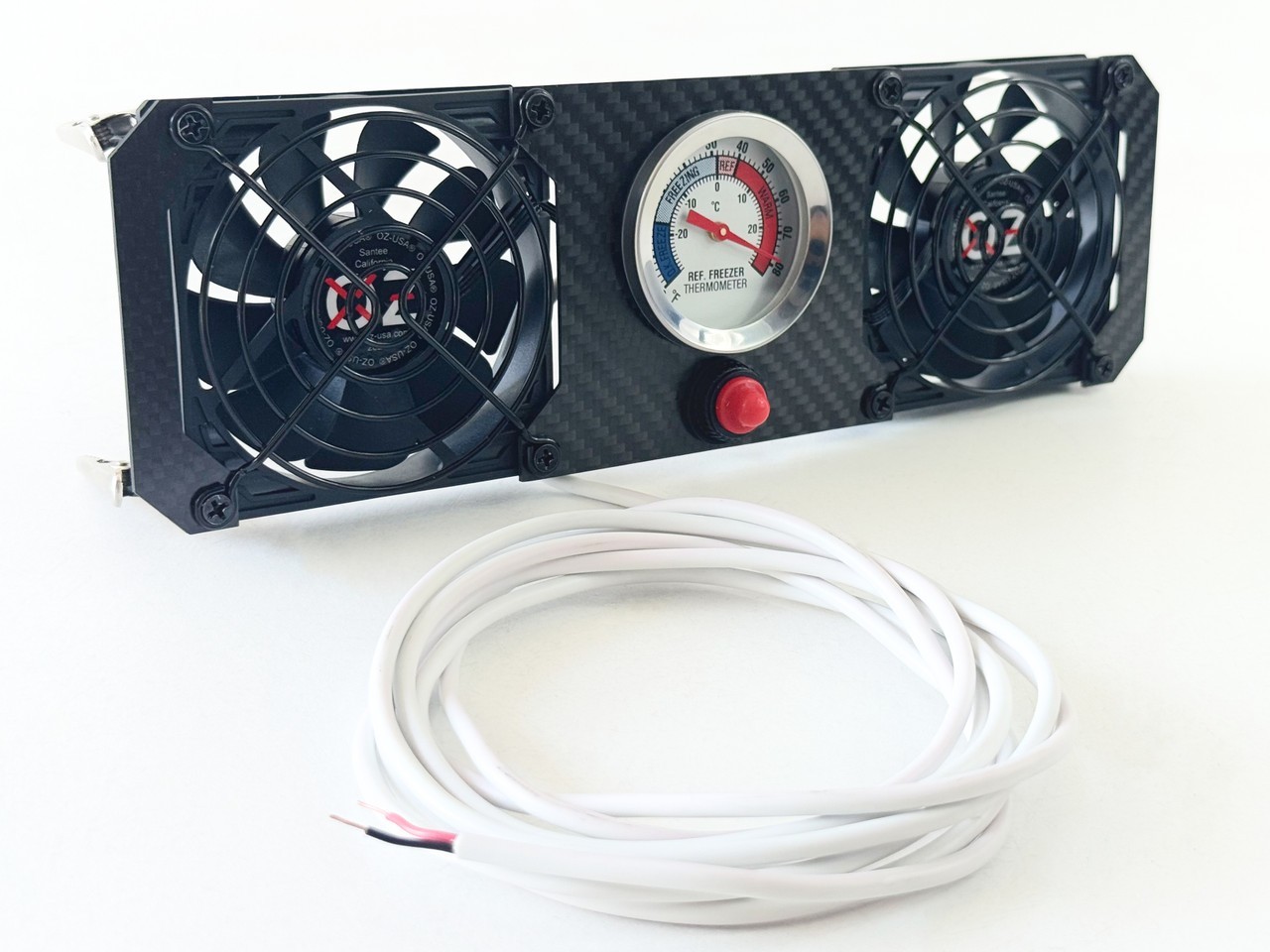 Dual RV Fridge Evaporator Fin Cooling Fan Thermometer Whisper Quiet Carbon Fiber