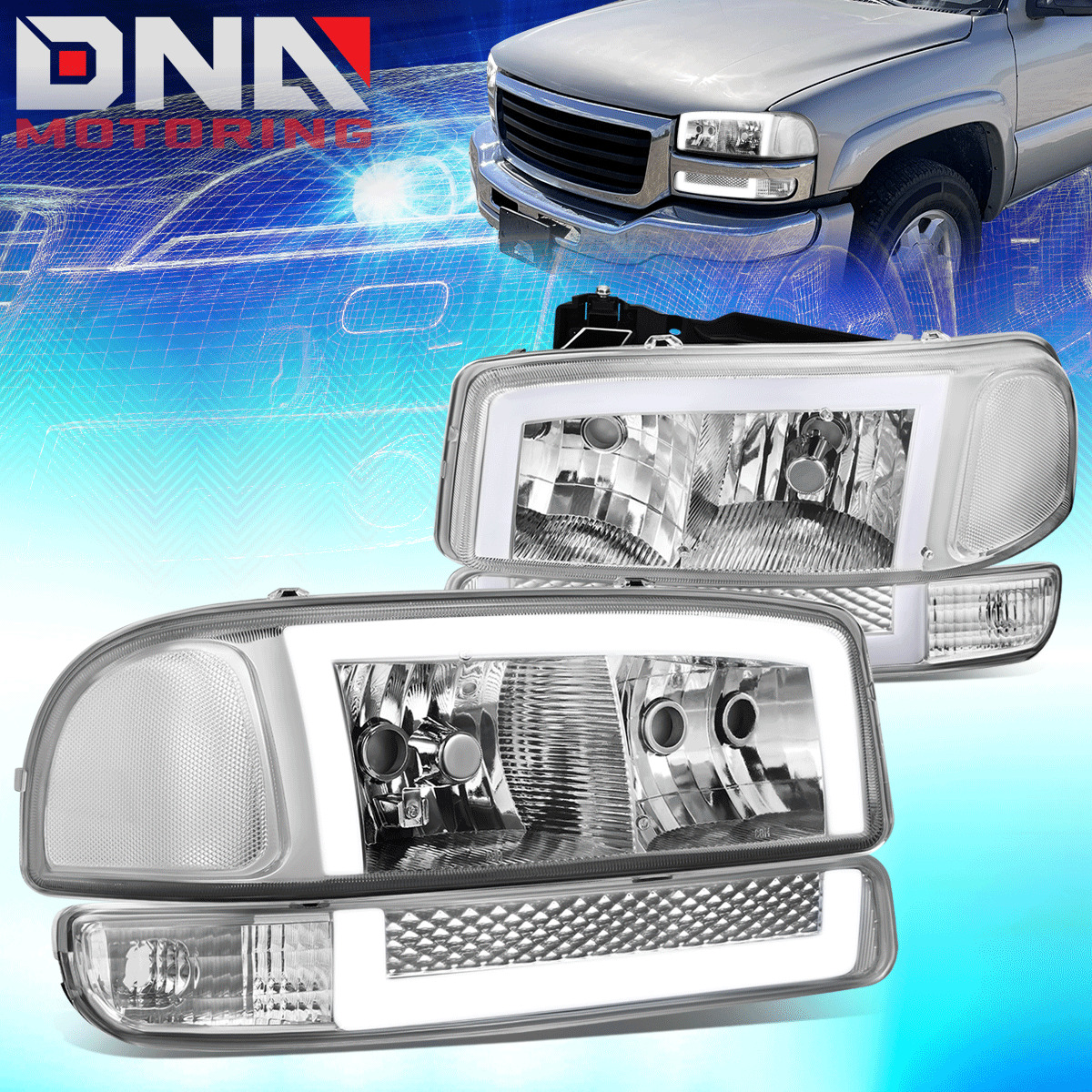 For 1999-2006 Sierra Yukon XL LED DRL Headlights+Bumper Signal Lamp Chrome/Clear