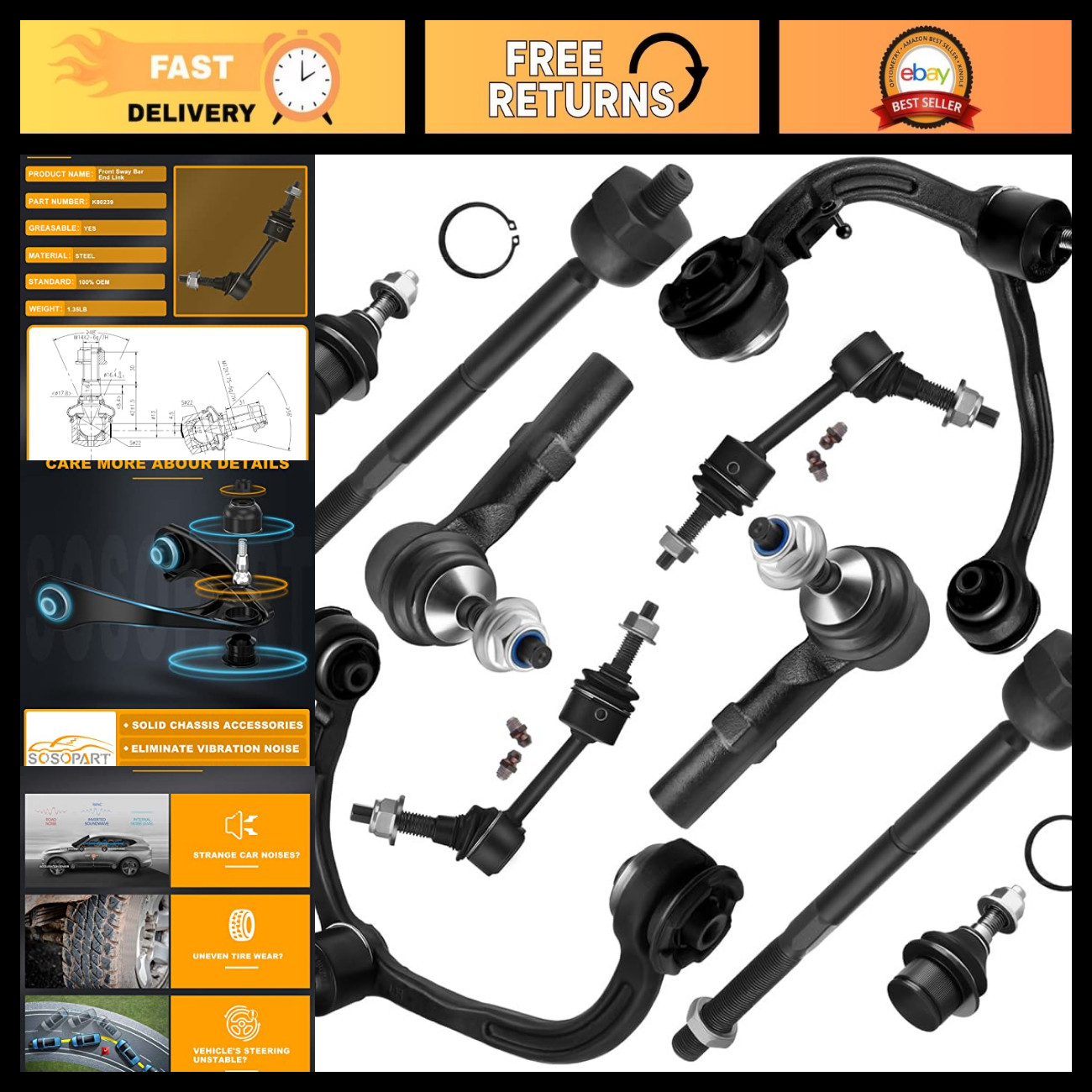 10pc Front Suspension Kit - Control Arms, Ball Joints, Tie Rods for Ford Expedit