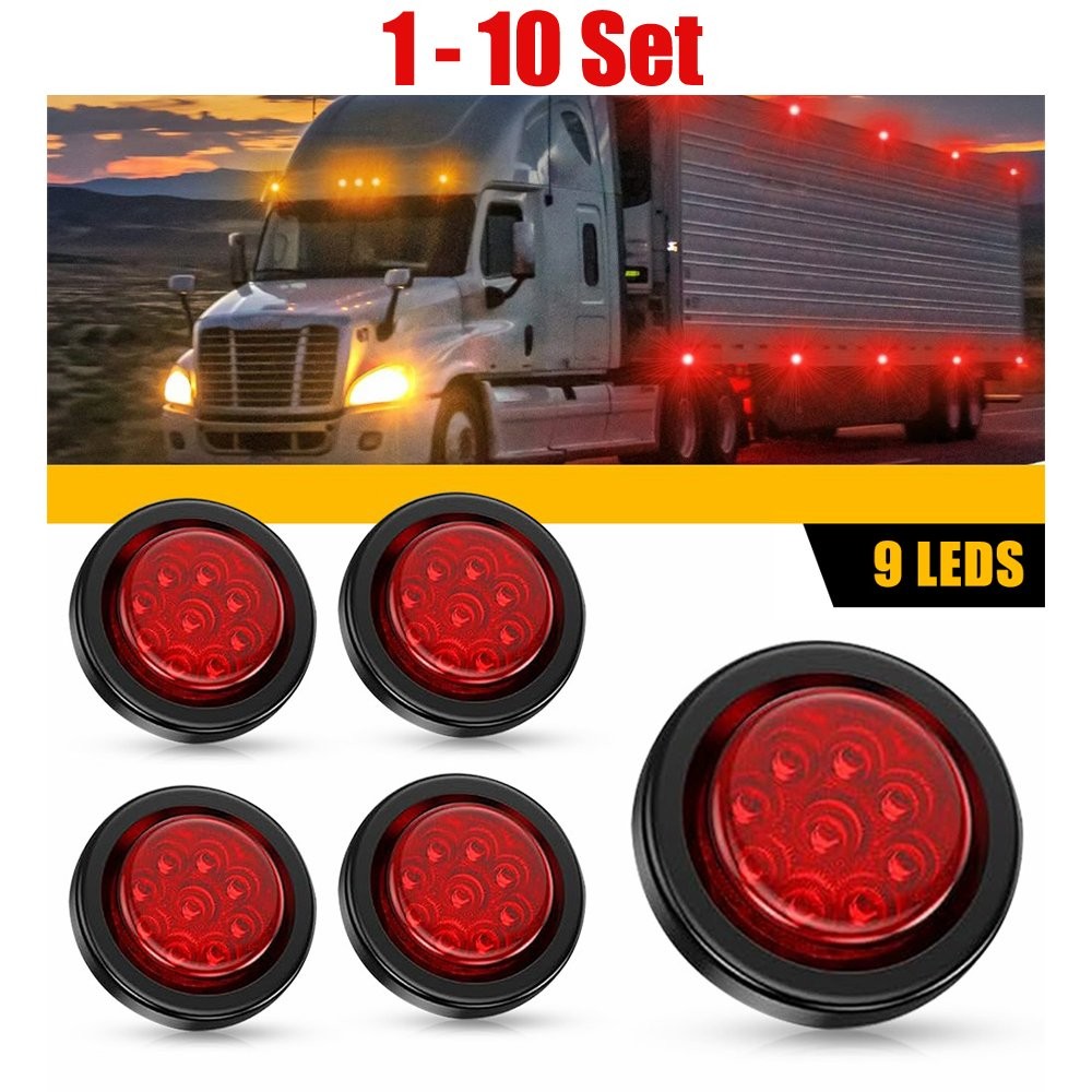 5-50PCS 2Inches Red Trailer Round 9 Marker Lights LED Grommet Fit with RV Truck