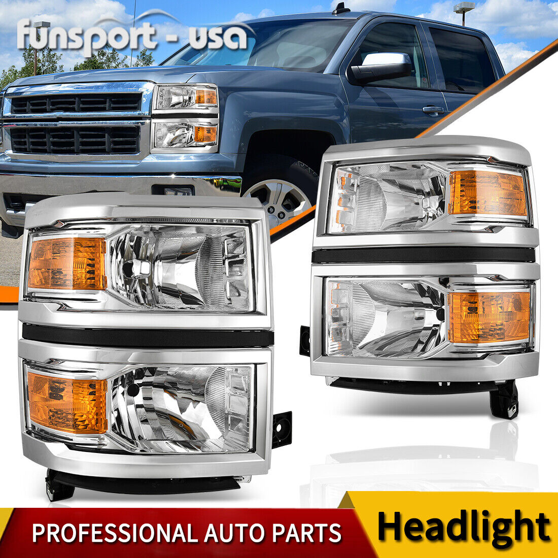 Fit 2014-2015 Chevy Silverado 1500 Chrome Headlights Headlamps Left+Right 14 15