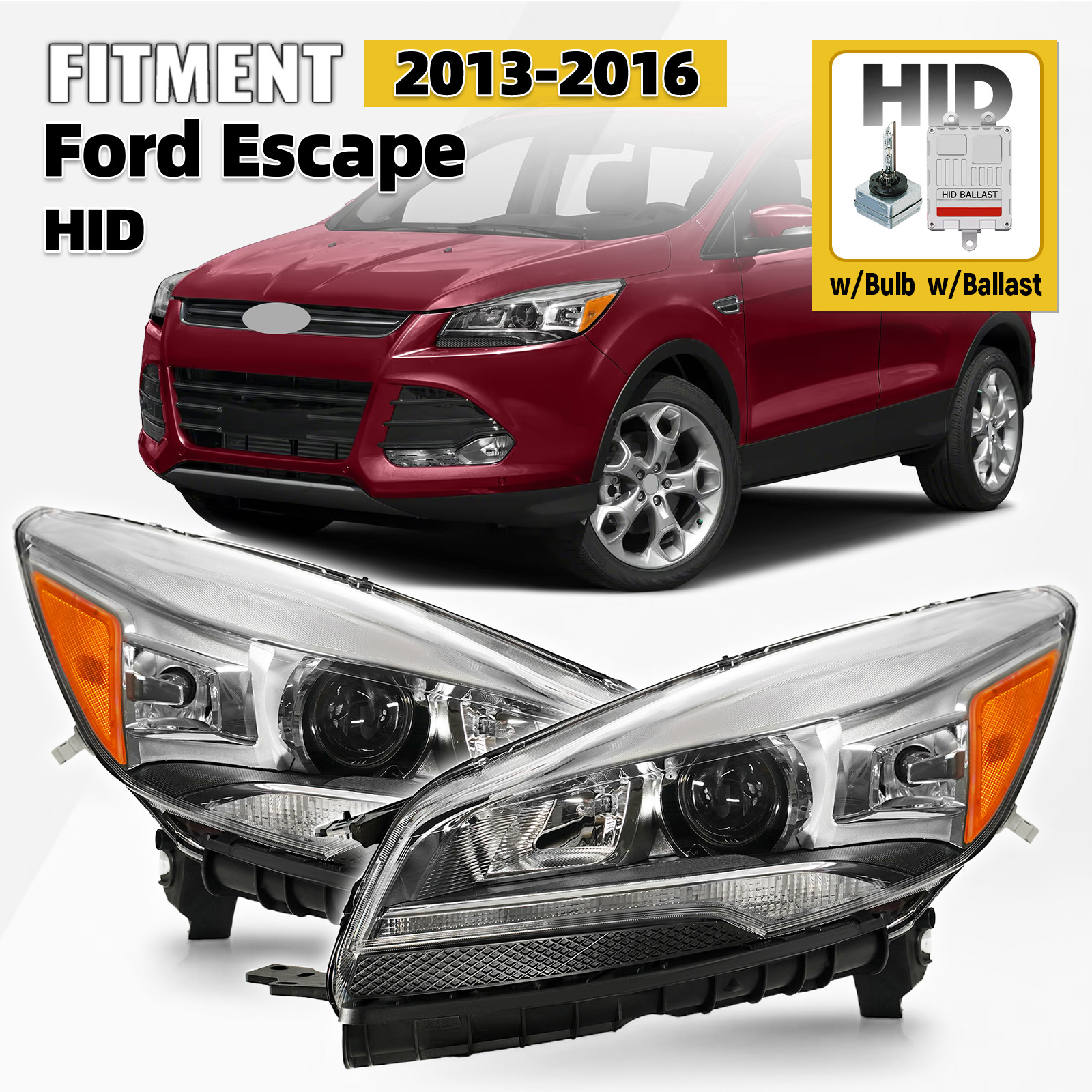HID/Xenon Headlight For 2013-2016 Ford Escape w/Bulb w/Ballast Left+Right Pair HID/Xenon Headlight For 2013-2016 Ford Escape w/Bulb w/Ballast Left+Right Pair
